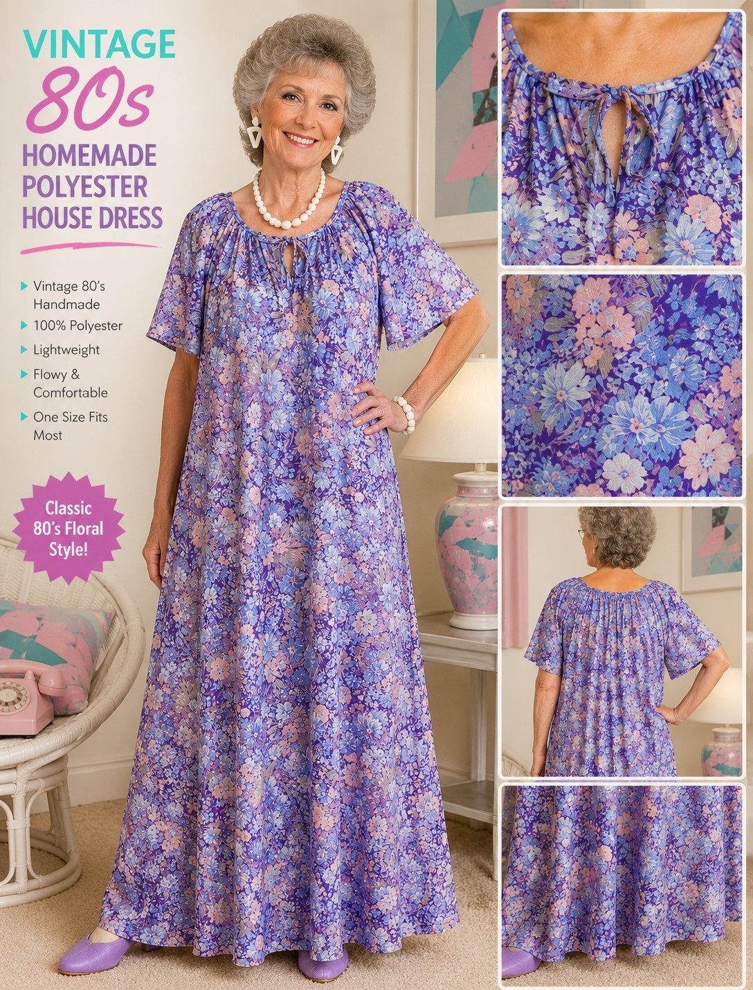 Vintage 80&rsquo;s Housedress Gown M/L Polyester Homemade Grannycore Maxi Long Purple