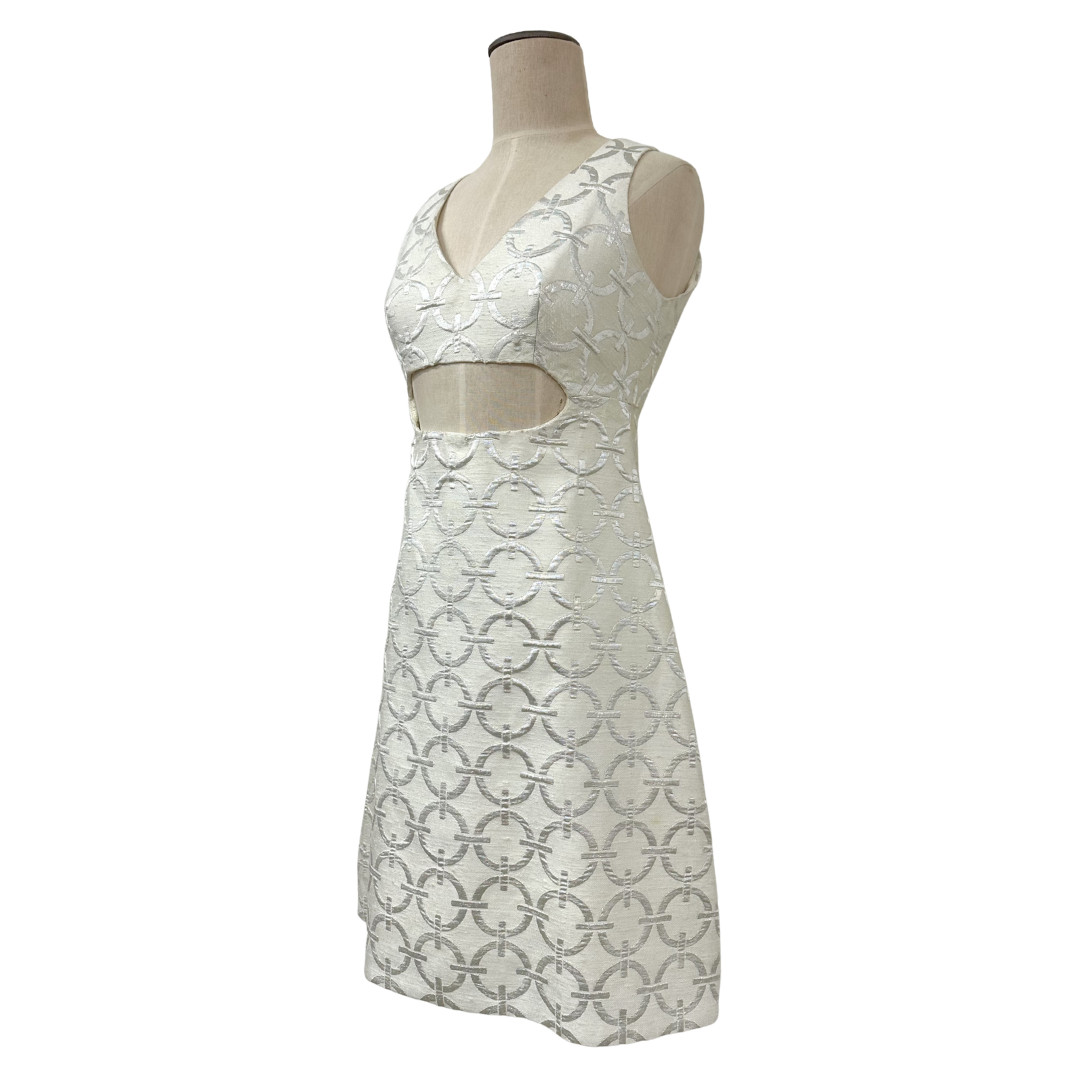 Vintage 1960s Peter Collins Mod White Metallic Brocade Cutout A Line Dress