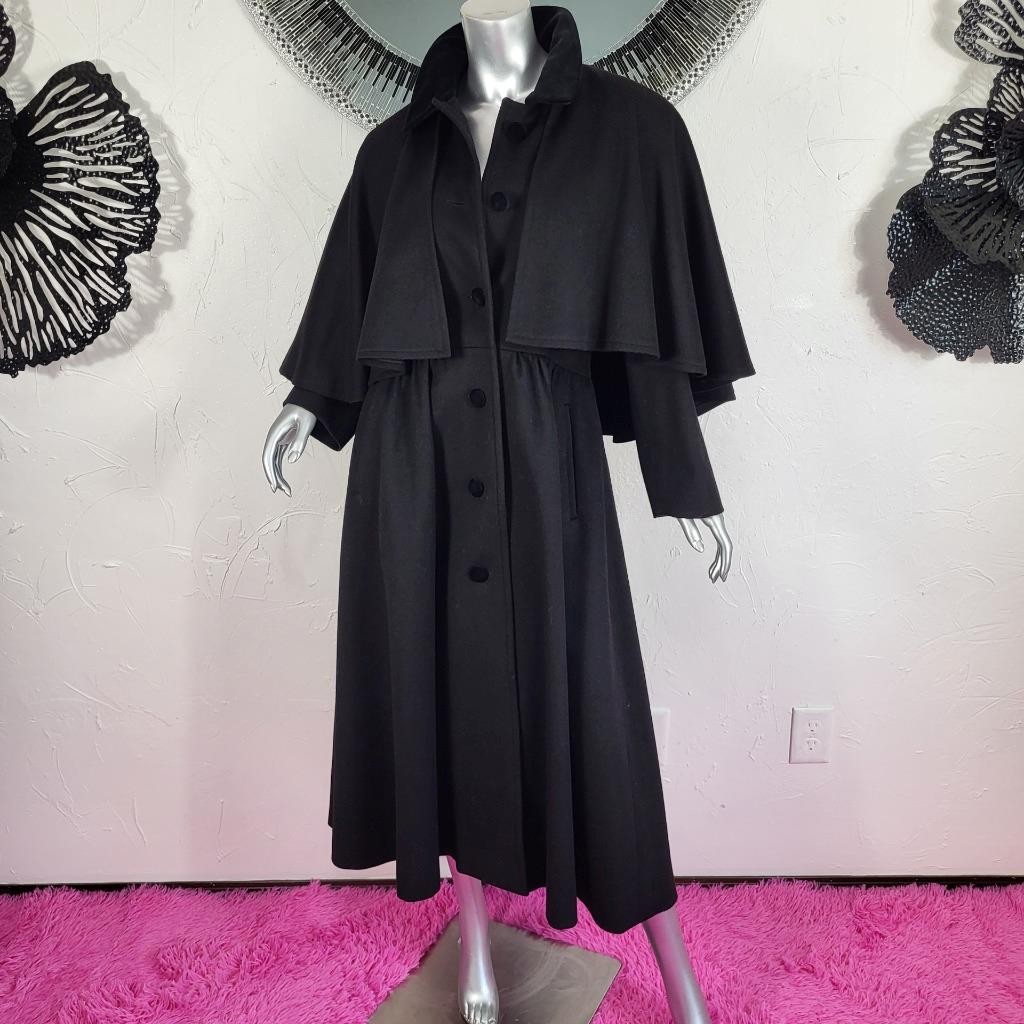 CLAUTE COUTURE~38/S/M~VINTAGE BLACK WOOL VELVET FULL LENGTH CAPE COAT TRENCH