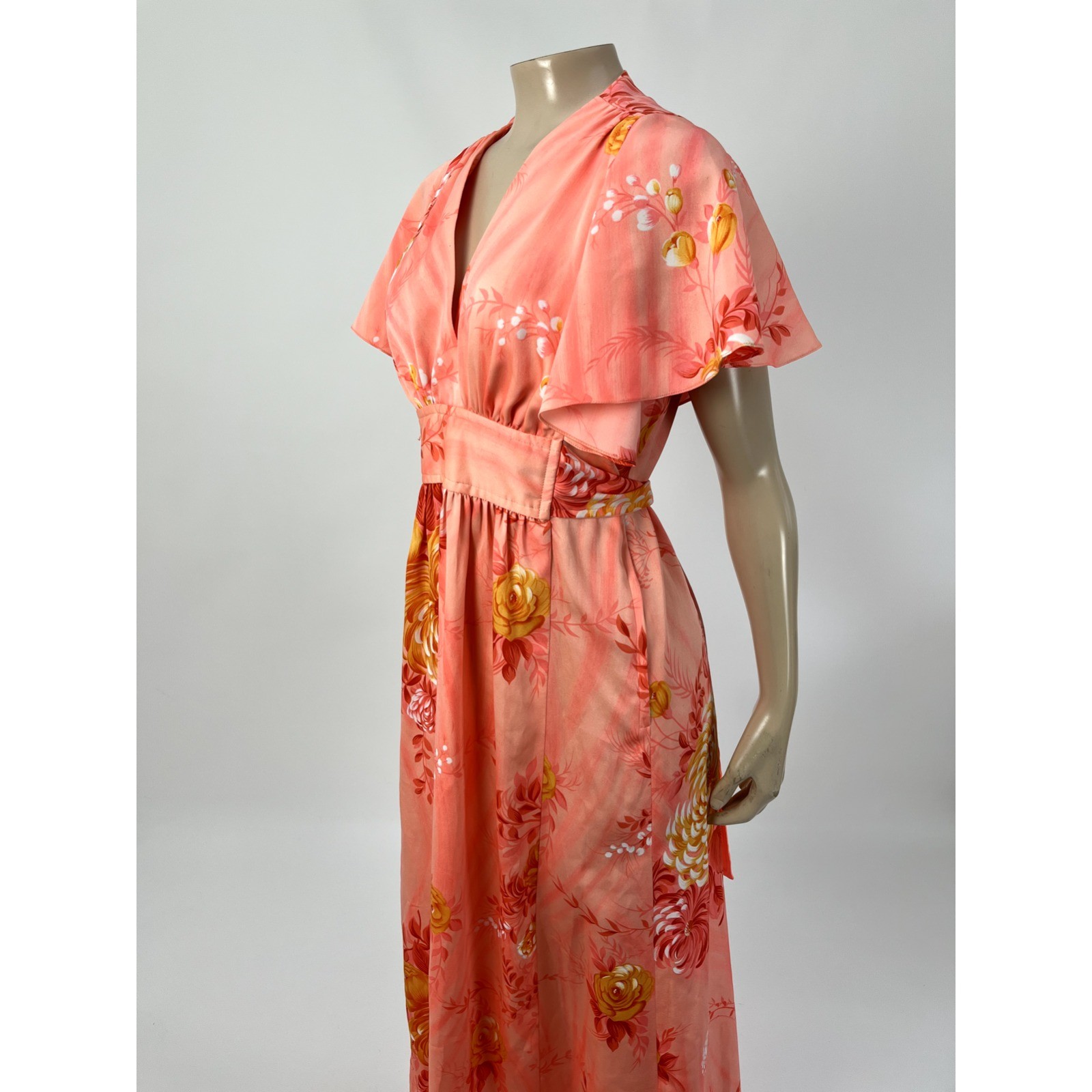 Vintage 70s Lilia Honolulu Hawaii Maxi Long Dress Flutter Sleeve Polyester G4-30