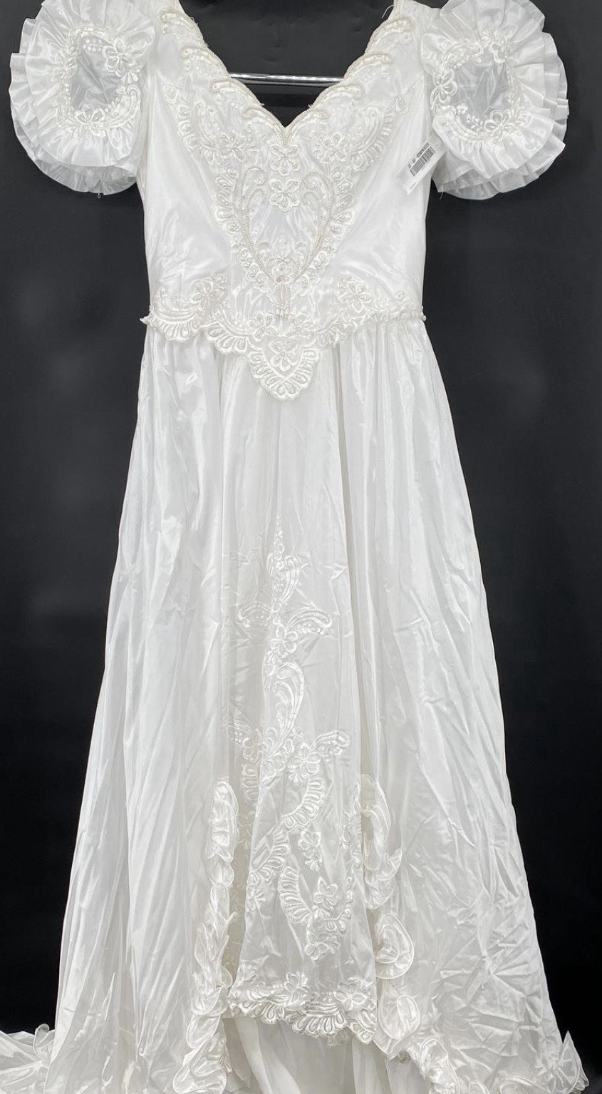 Vintage White Satiny Lace Victorian Style Regular Size Wedding Dress with Veil