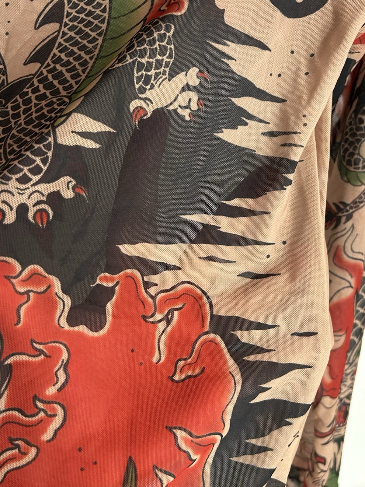 Y2K Unbranded Top Sheer Nude Tattoo Mesh Dragon Tiger Long Sleeve Women’s M