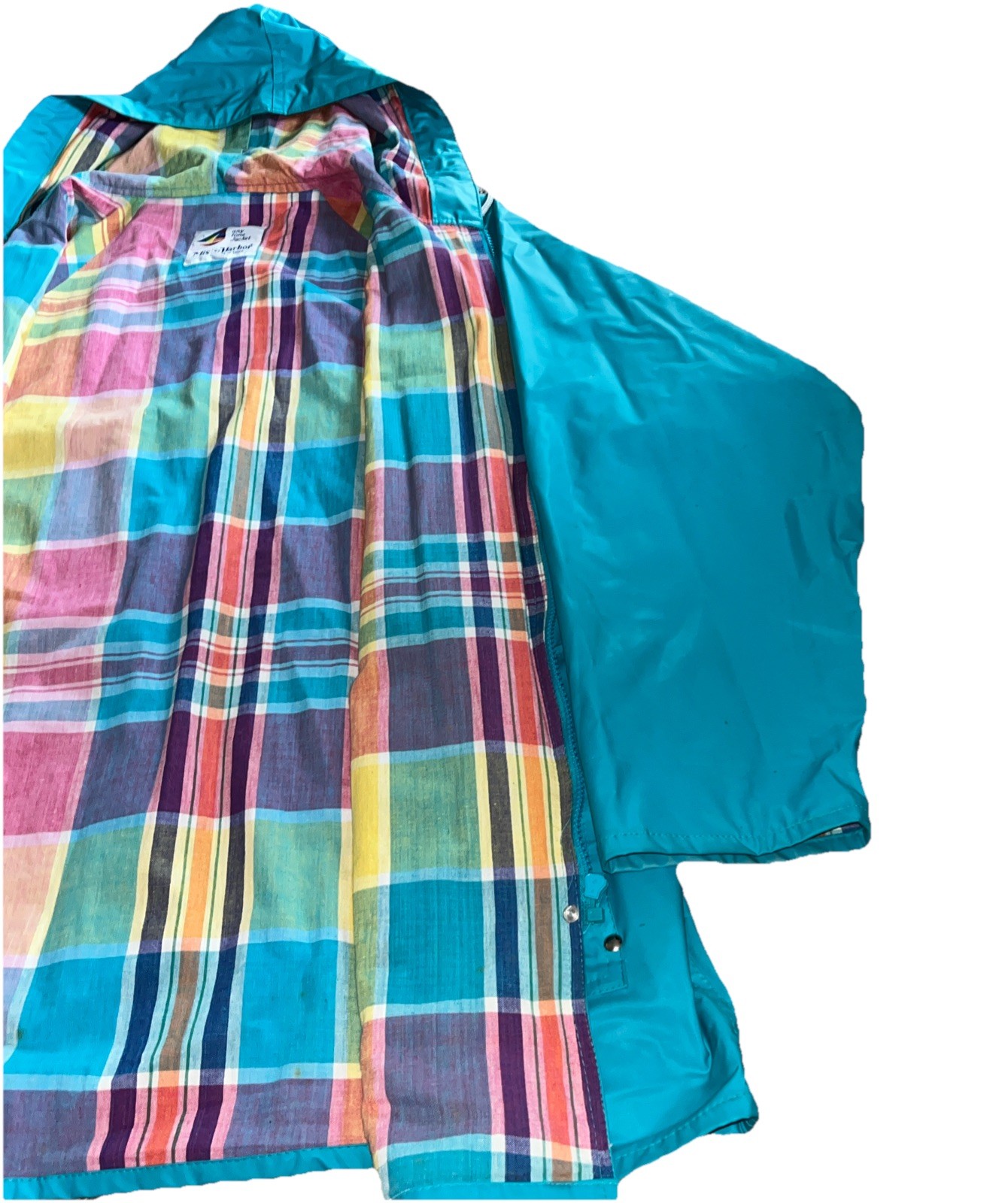 Vintage 90s Misty Harbor Any Time Jacket Rain Coat w/hood Turquoise Plaid Large