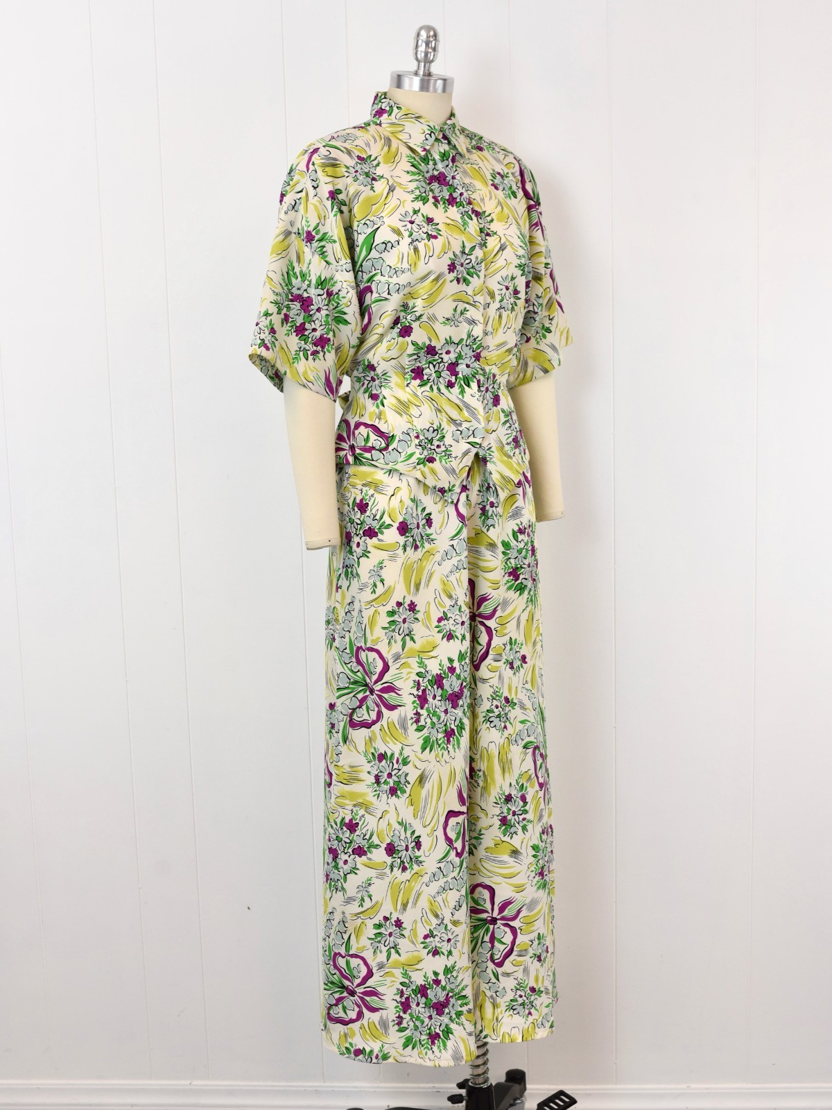 Vtg 1980s Norma Kamali Floral Ribbon Novelty Print Blouse Palazzo Pants Set