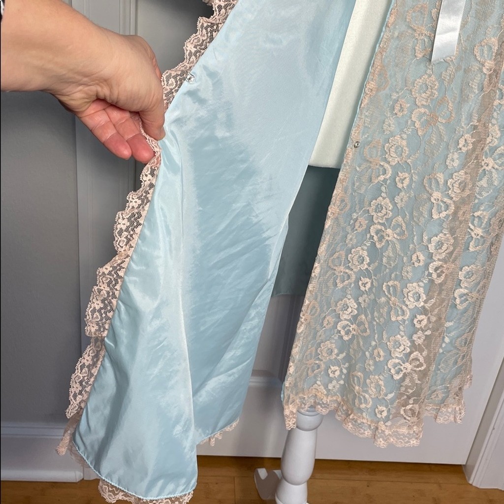 Odette Barsa Lace Lingerie Slip Dressing Gown Robe Medium Peignoir Blue Cream