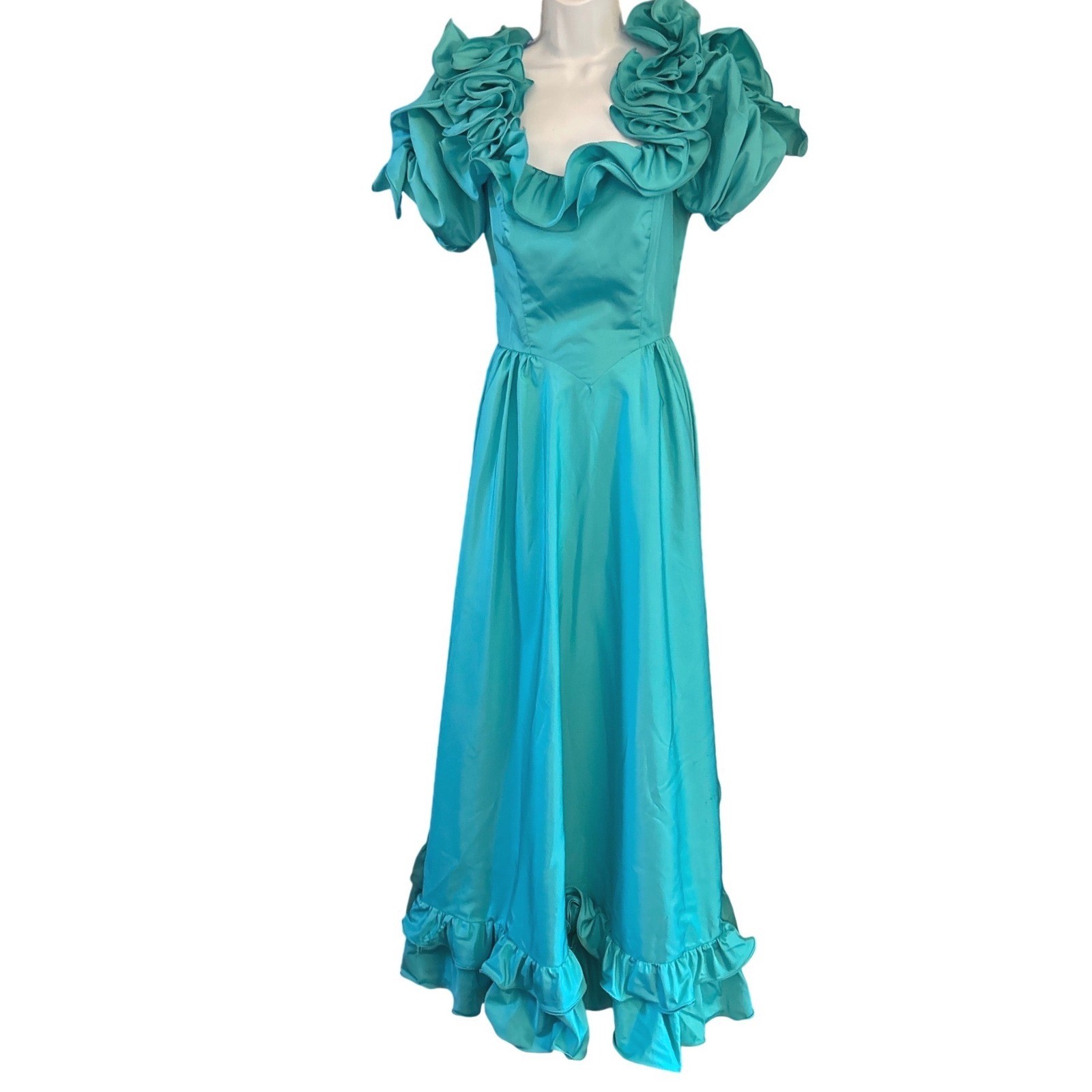 80s Vintage ILGWU Ruffle Prom Dress Maximalist Glam Regencycore Turquoise Blue