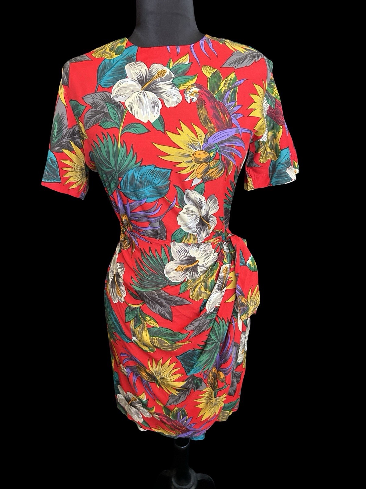 Vintage 1980s 80s Hawaiian Floral Parrot Print Rayon Dress Carol Anderson XL