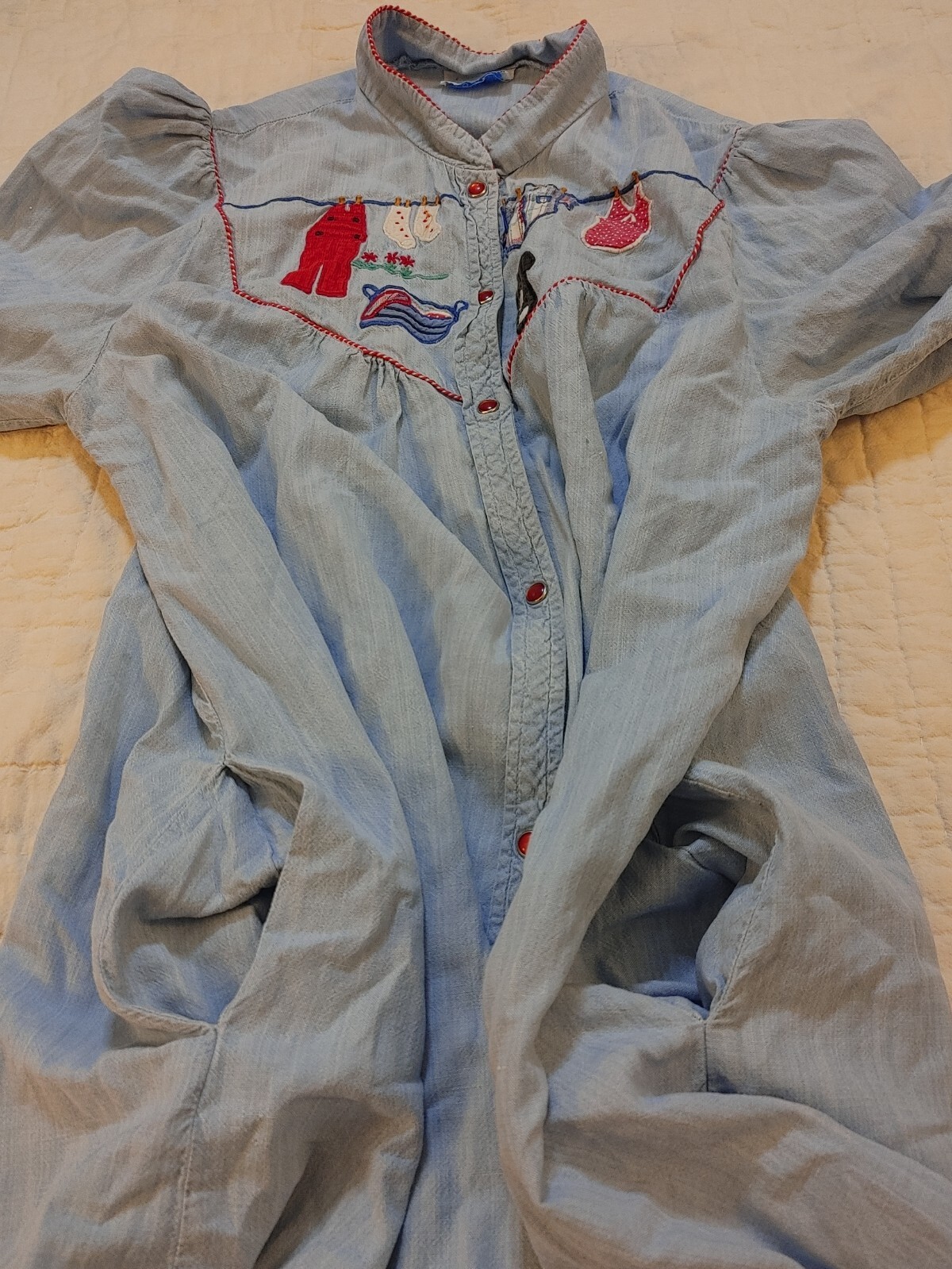Vintage Smart Time Chambray Denim House Dress Womens sz S/M Snaps Grannycore