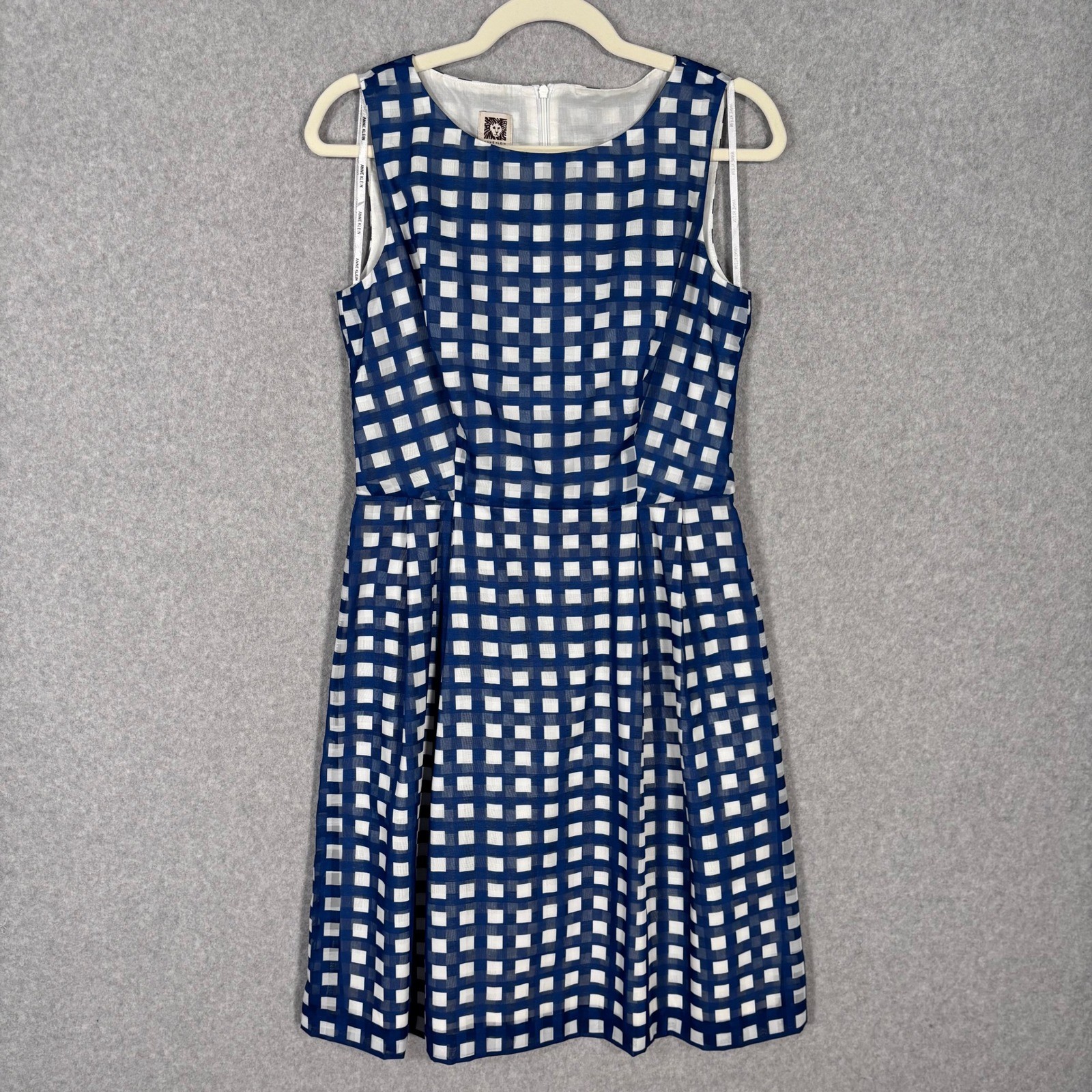 Anne Klein Gingham Pleated Dress Size 6 Blue White Country Retro Mod Cottage