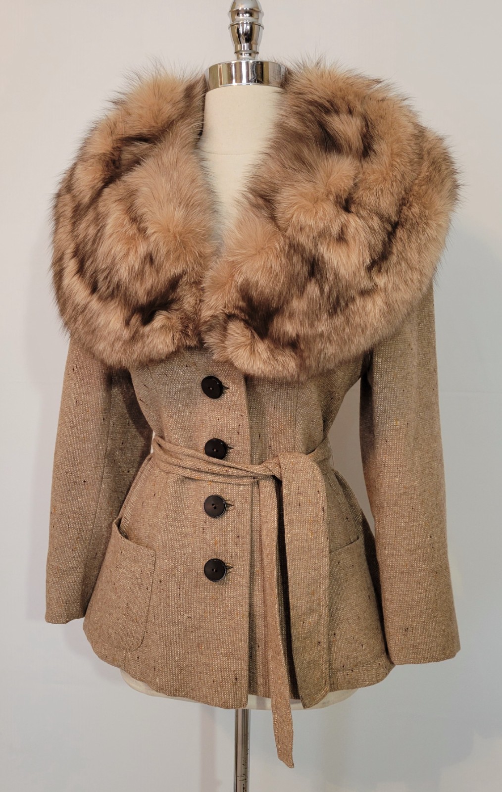 60s 70s LILLI ANN Wool Tweed Massive Fox Fur Collar Jacket M Medium