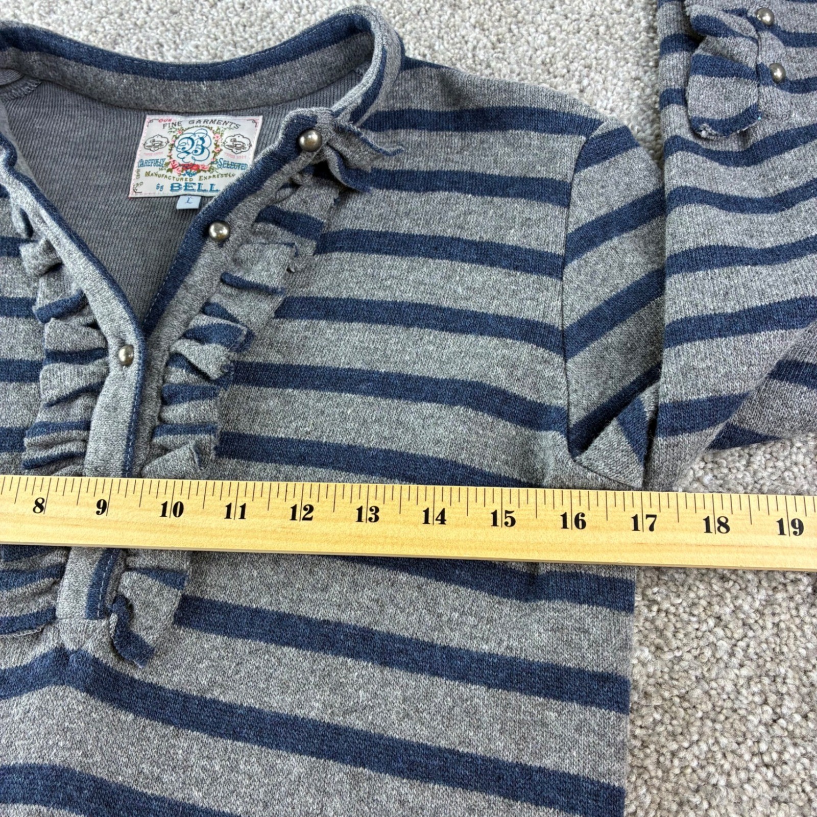 Fine Garments by Bell Wool Blend Striped Dress L Blue Striped Ruffle Neck A Line