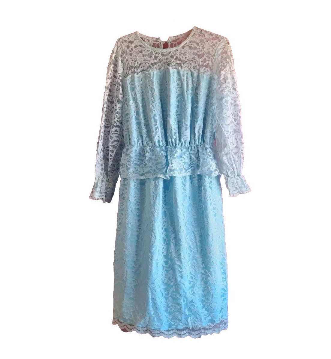 Vtg 80s Blue Floral Lace Peplum Sheath Dress Long Sleeve Midi Party SZ 22-1/2