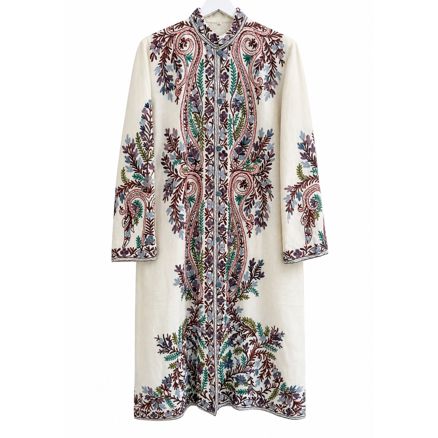 Woolen Coat Long Jacket Off-White, Multicolor Embroidery Size 46 (14, XL) Boho