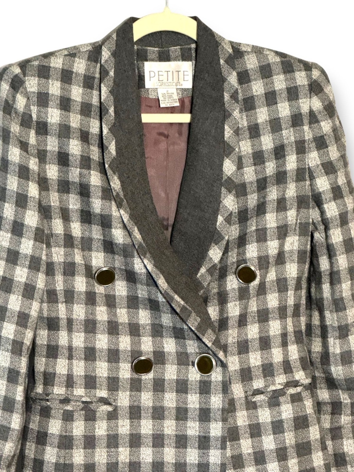 Vintage Petite Sophisticate Gingham Wool Blend Double Breasted Blazer Jacket Siz
