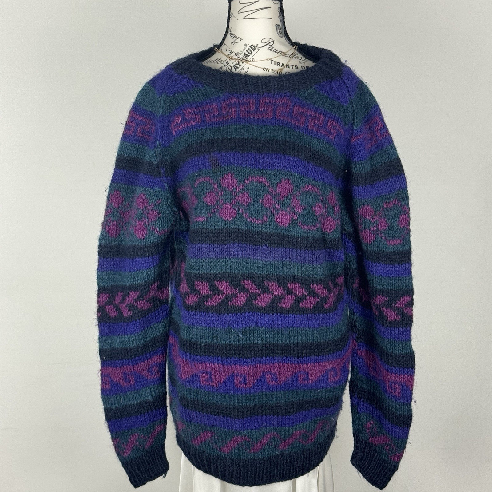 Vintage 80s Hand Knit Wool Sweater Ecuador Colorful Purple Artisanal