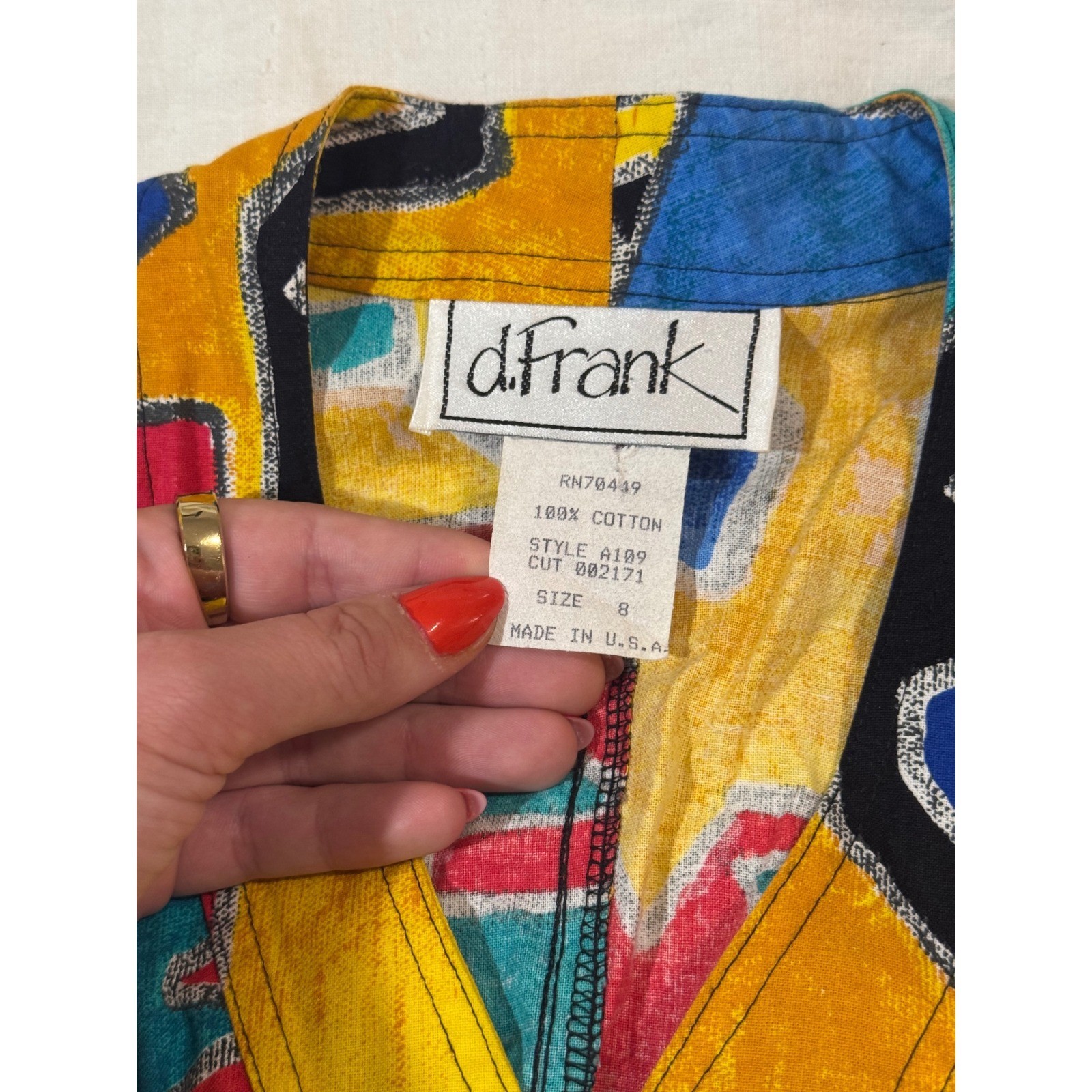 Vintage d.Frank 80s Geometric Primary Color Button Front Cotton Romper Size 8