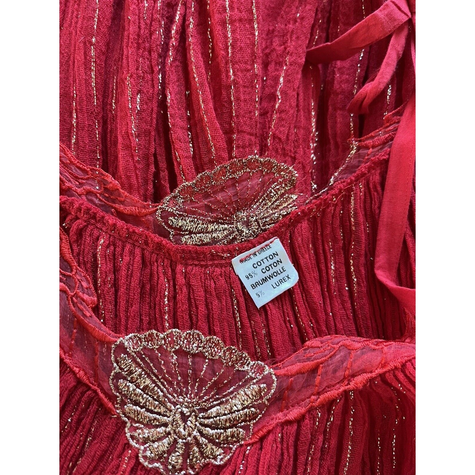 Vintage Rare Maxi Dress M Cotton Gauze Made in Greece Red Gold Thread Boho
