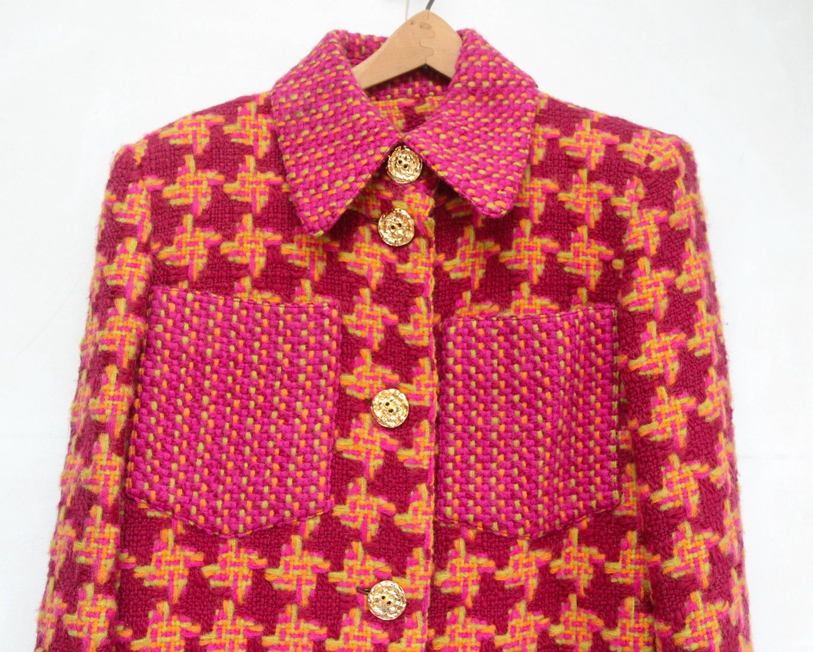 VTG 80’s CHRISTIAN LACROIX Red Tweed Gold Button Wool Blend Blazer Jacket Size 6