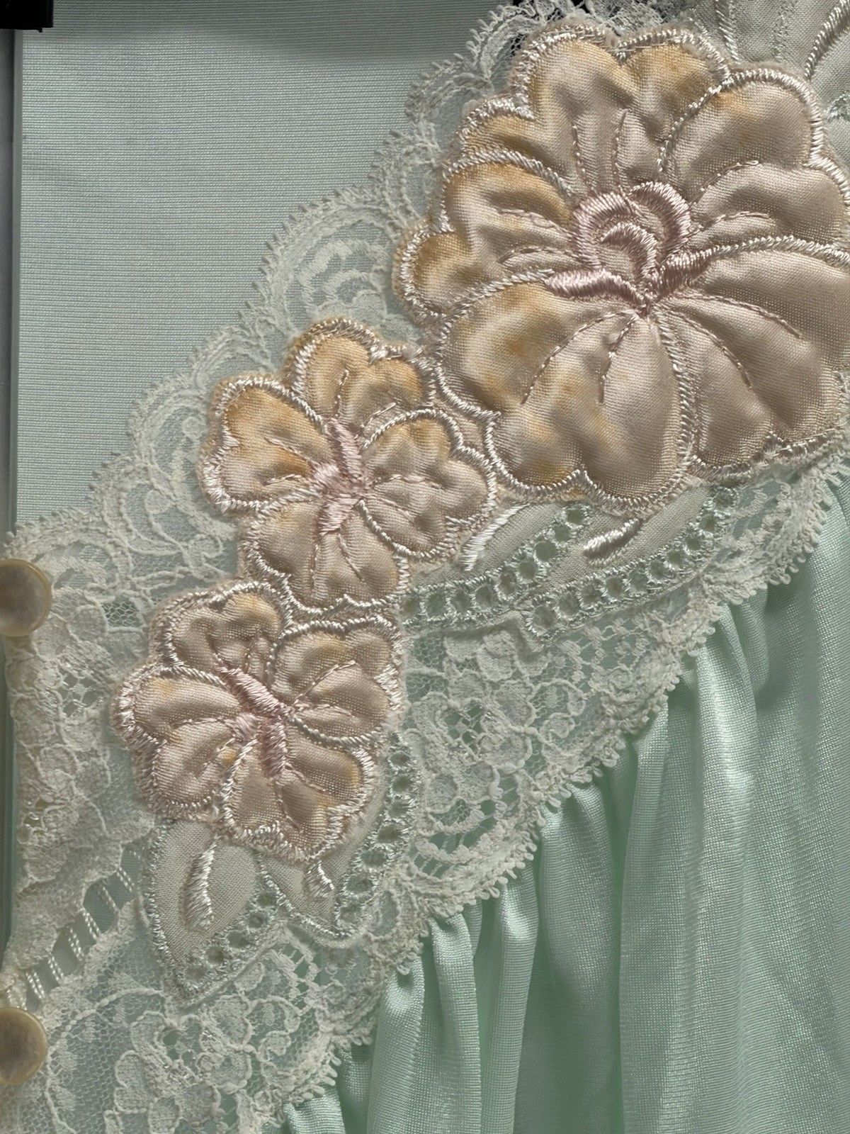 Vintage 70s Shadowline Aqua Mint Lace Robe Nightgown Size Large Sheer Dressing