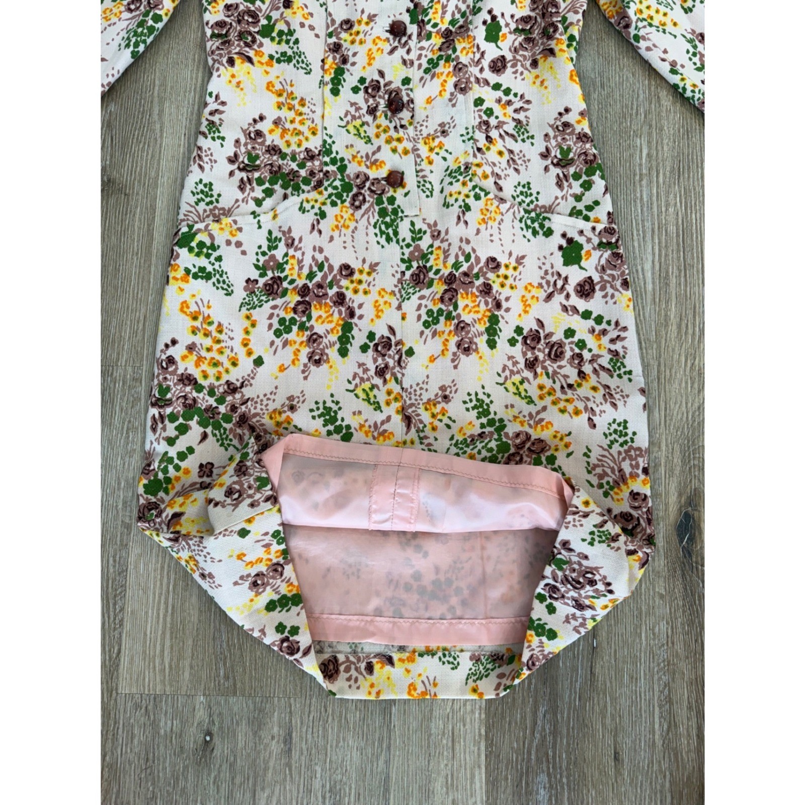 VTG Floral Long Sleeve Button Front Coat Dress Womens M Cream Brown Green Retro