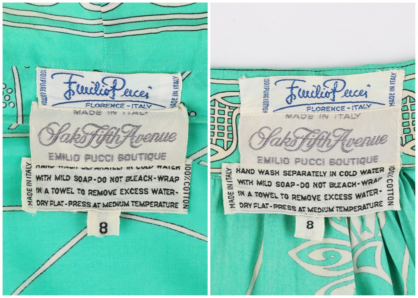 EMILIO PUCCI c.1976 « Chad » Print 2 Pc Green Cotton Shirt Skirt Dress Set