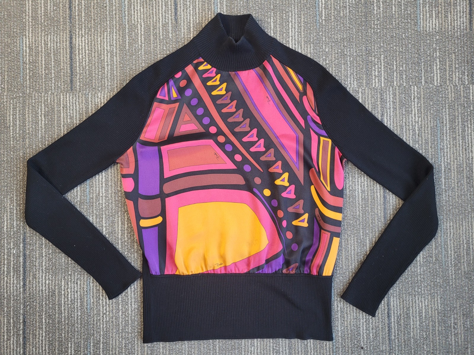 1990s Emilio Pucci bright geometric sweater blouse in silk and wool Sz S