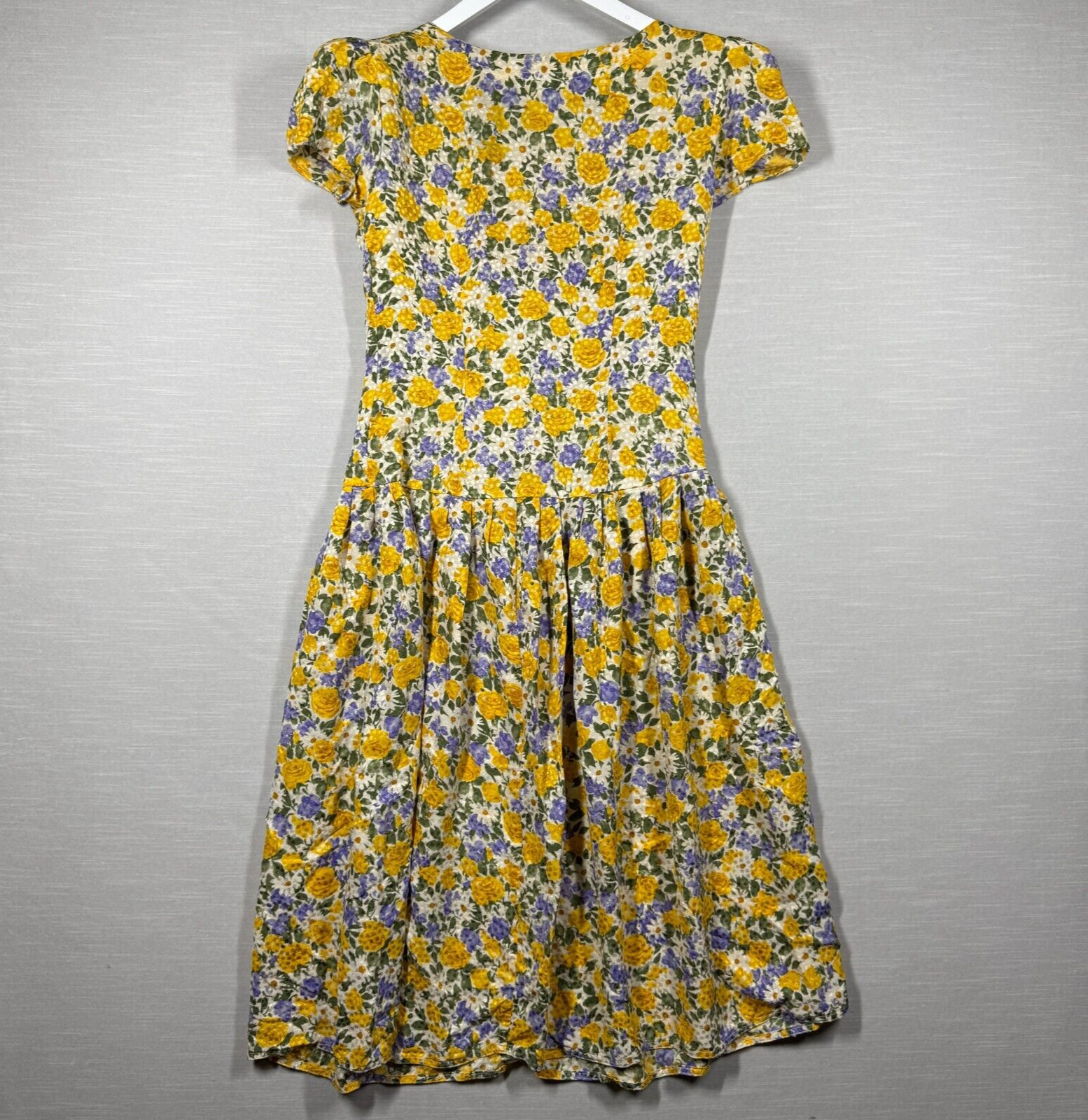 Vintage Maggy London Dress Womens 6 Yellow Button Up Pleated Romantic 80s Silk