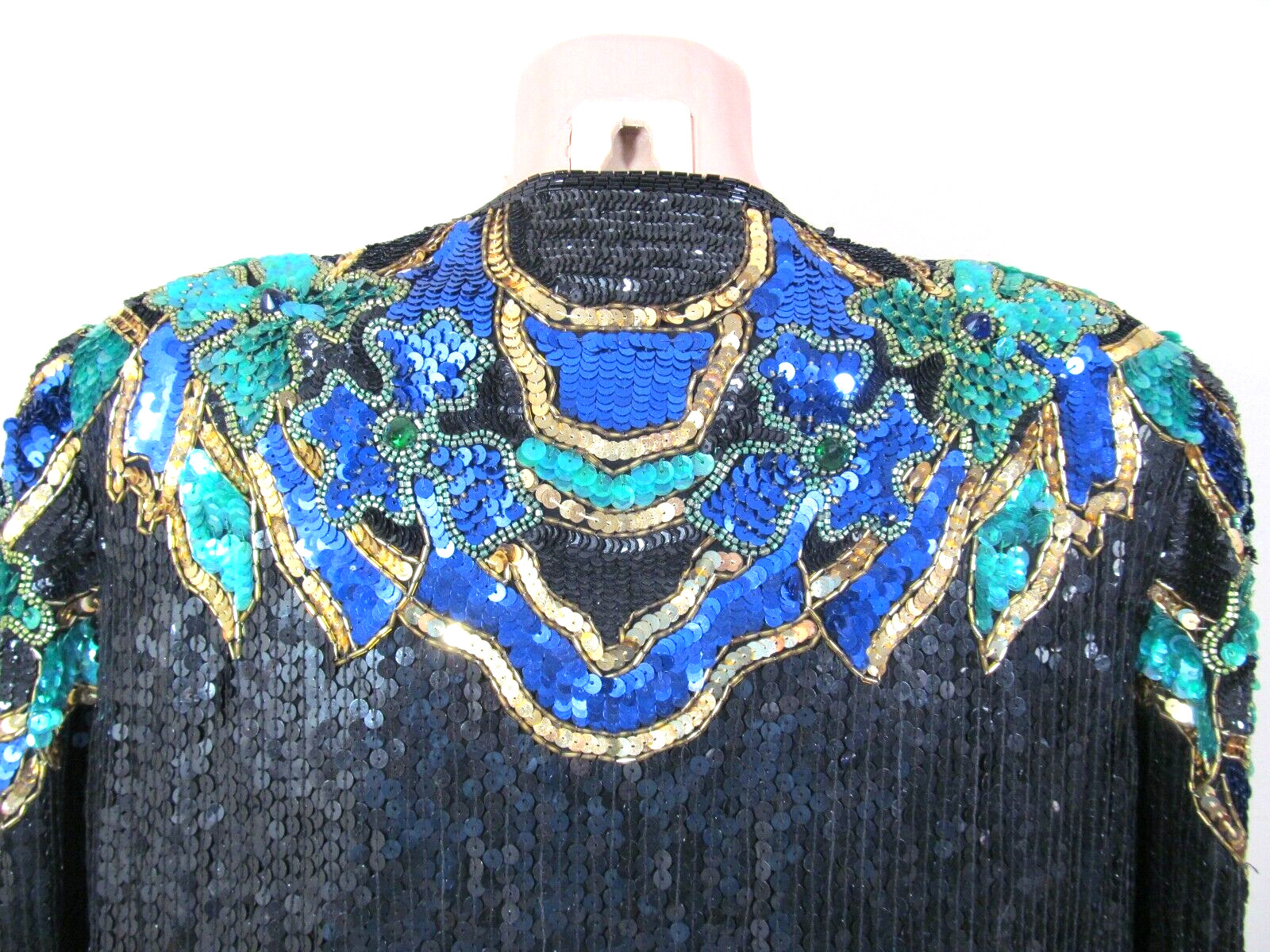 STENAY XL Black Silk Vibrant Multicolor Sequined Beaded L/S Mardi Gras Top