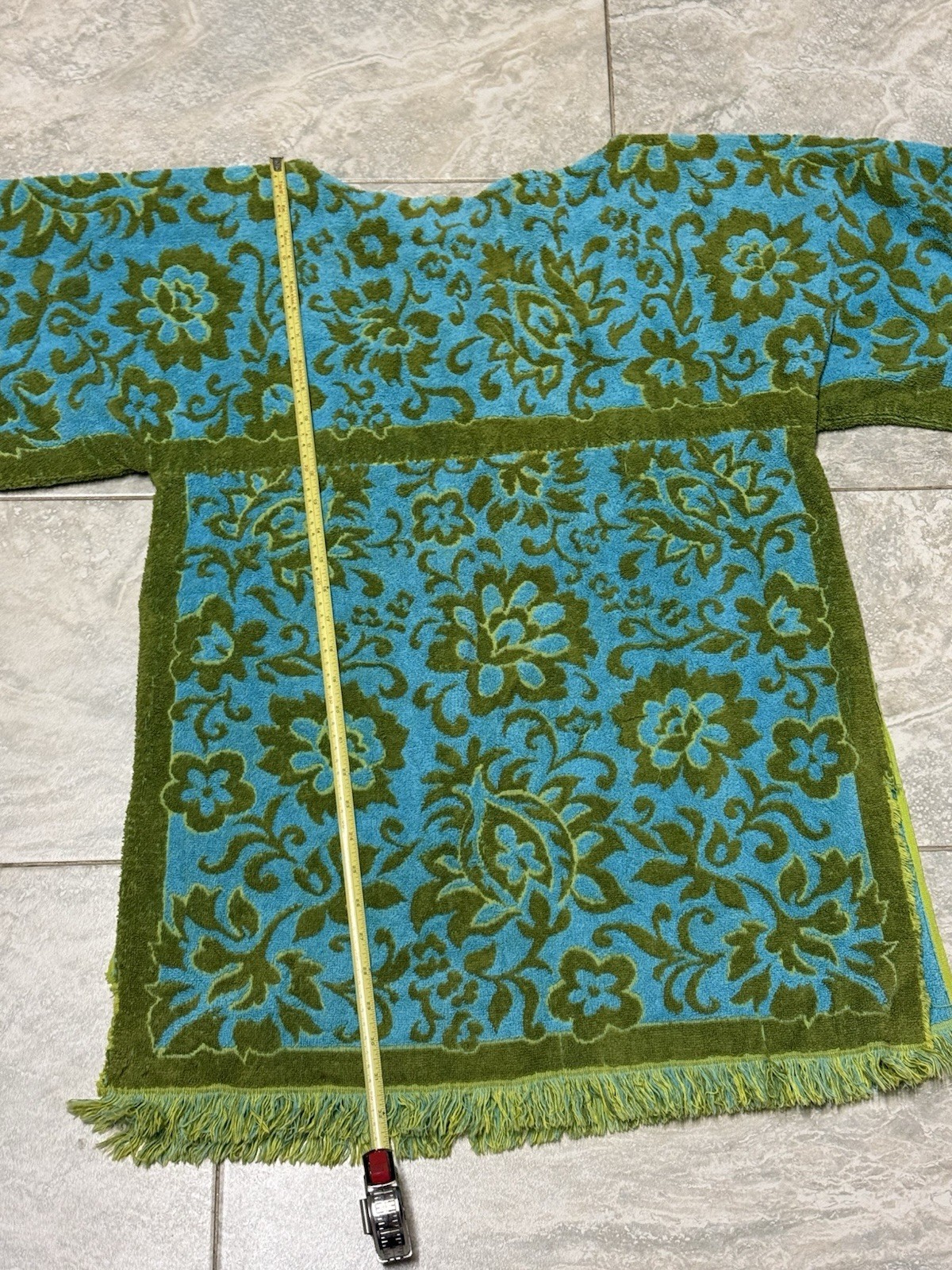 Vintage Green Blue Cover-Up Fringe Terrycloth Towel Dress Caftan Beach Poolside