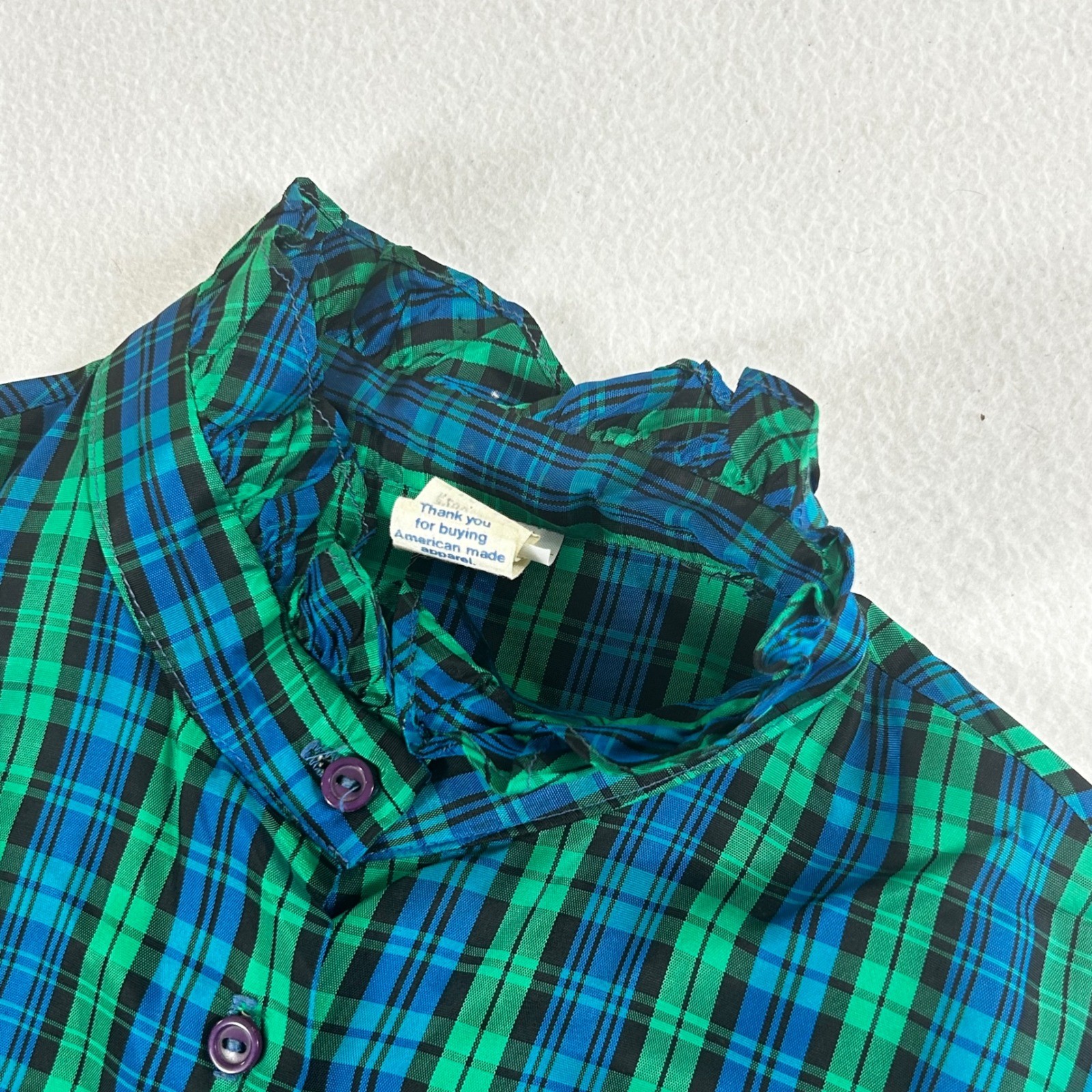 Vintage JCPenney Fashions Plaid Blouse Green Blue Ruffle Neck ILGWU USA 13/14