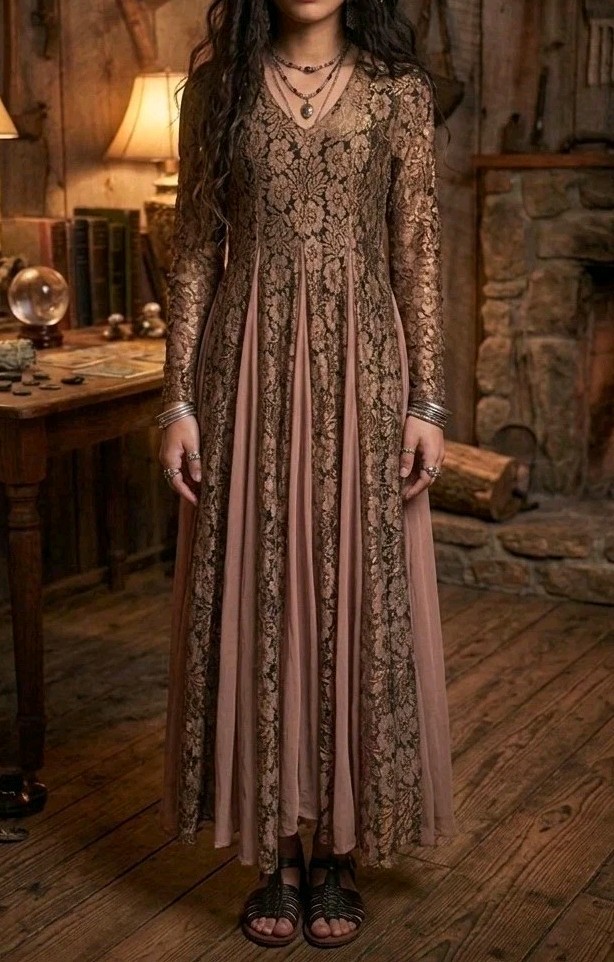 Vintage 90s Nostalgia Dress Brown Lace Overlay S M L Free Size