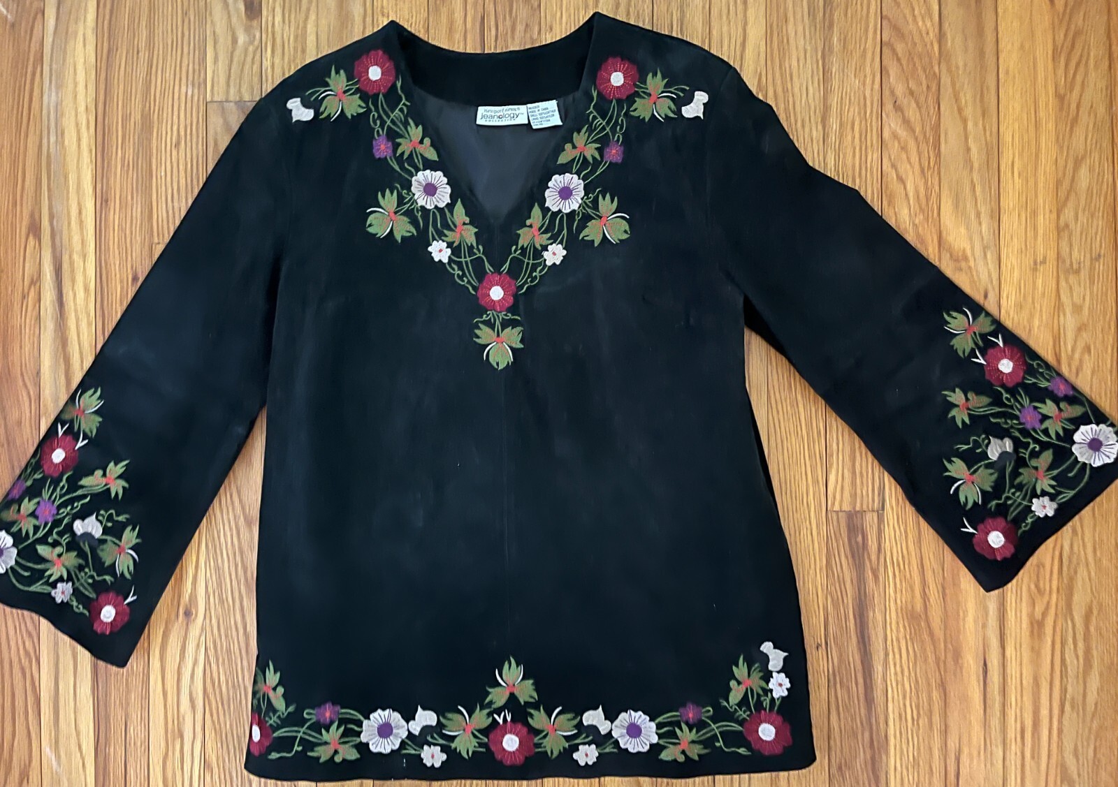 Vintage 1980s Newport News Jeanology Black Leather Embroidered Tunic Top 12 L