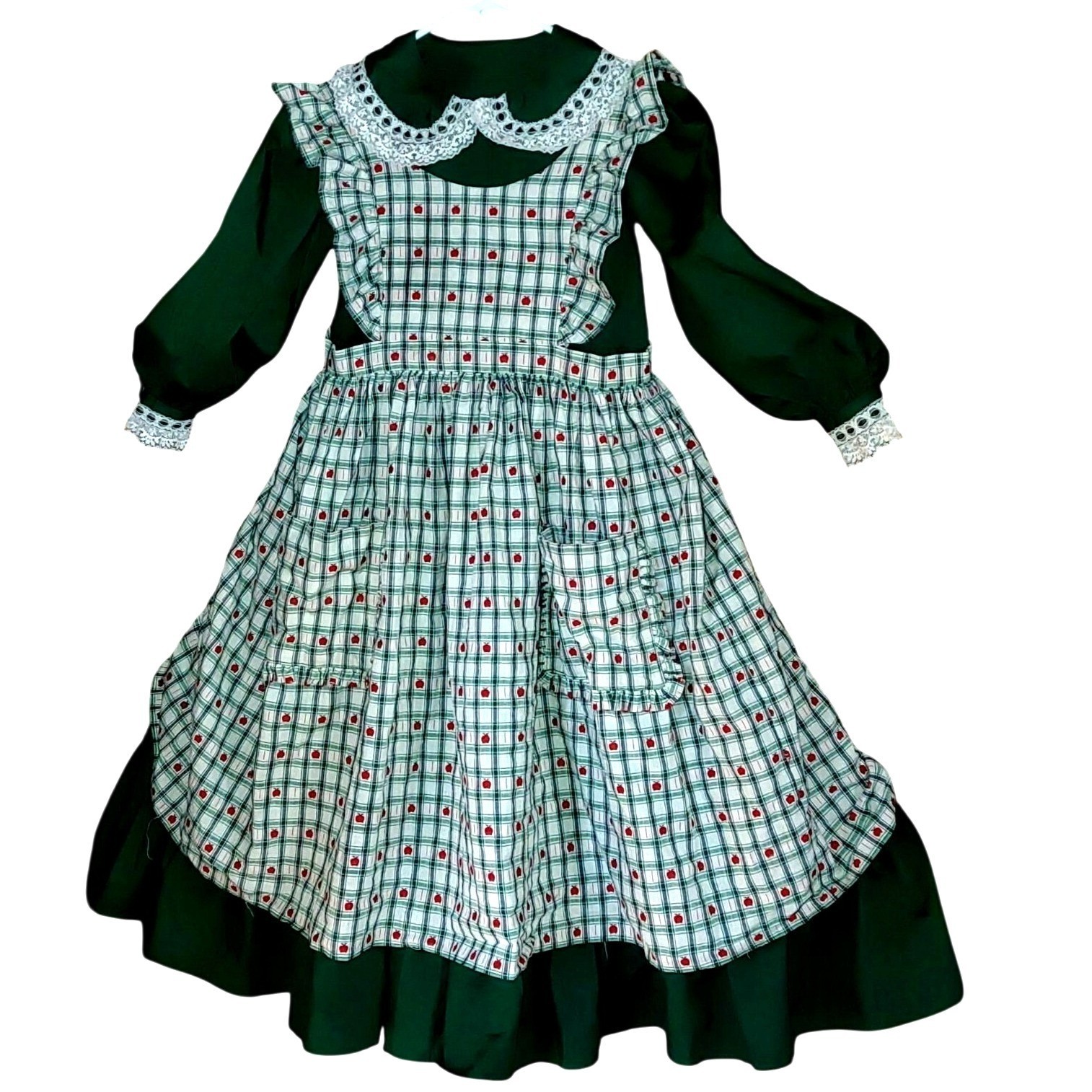 Dark Green Dress Lace Collar Plaid Cottage Colonial Pioneer Apple Pinafore Apron