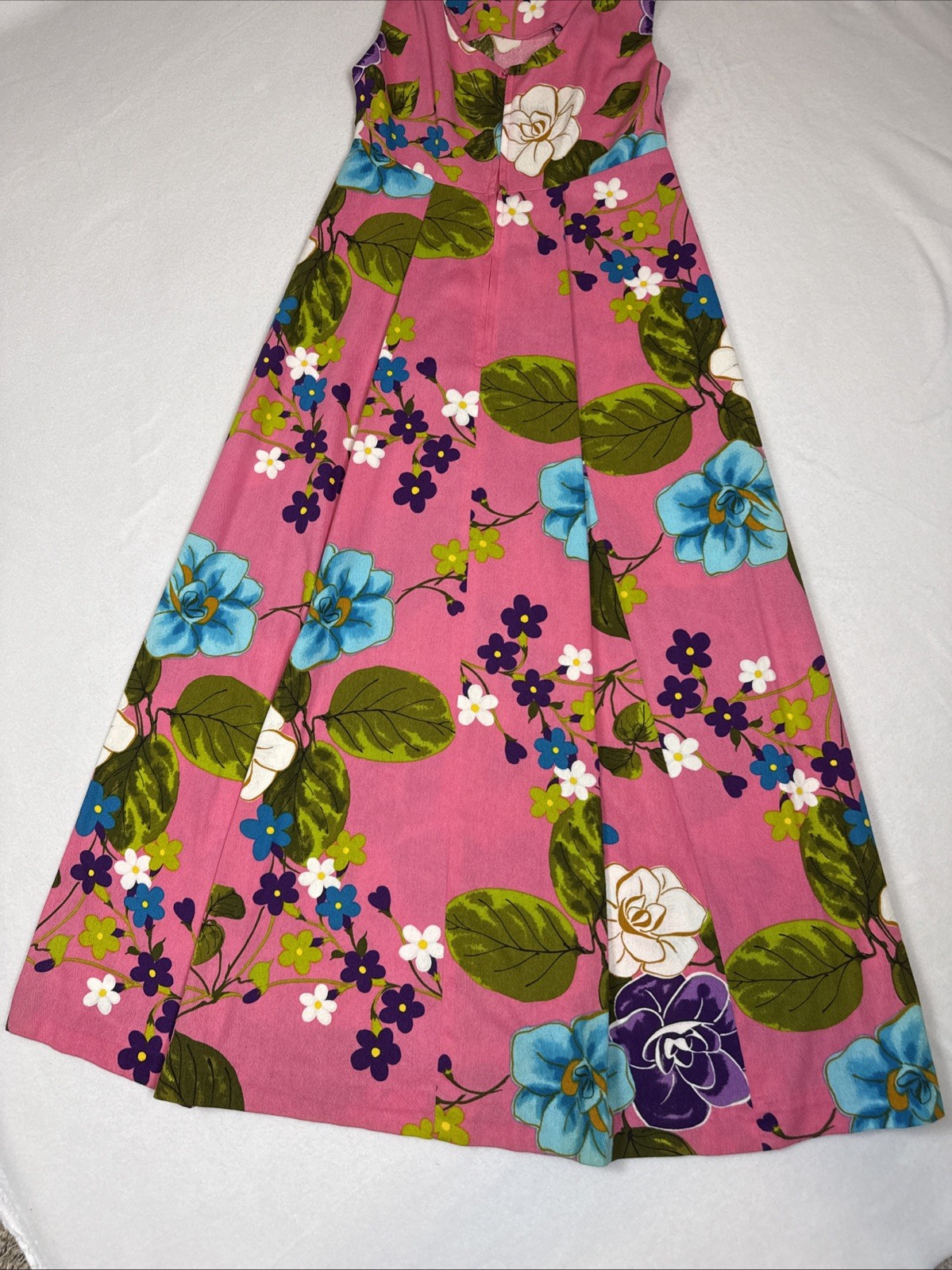 VTG 60s Ui-Maikai Hawaiian Pink Floral Barkcloth Maxi Dress Resort Tiki Luau