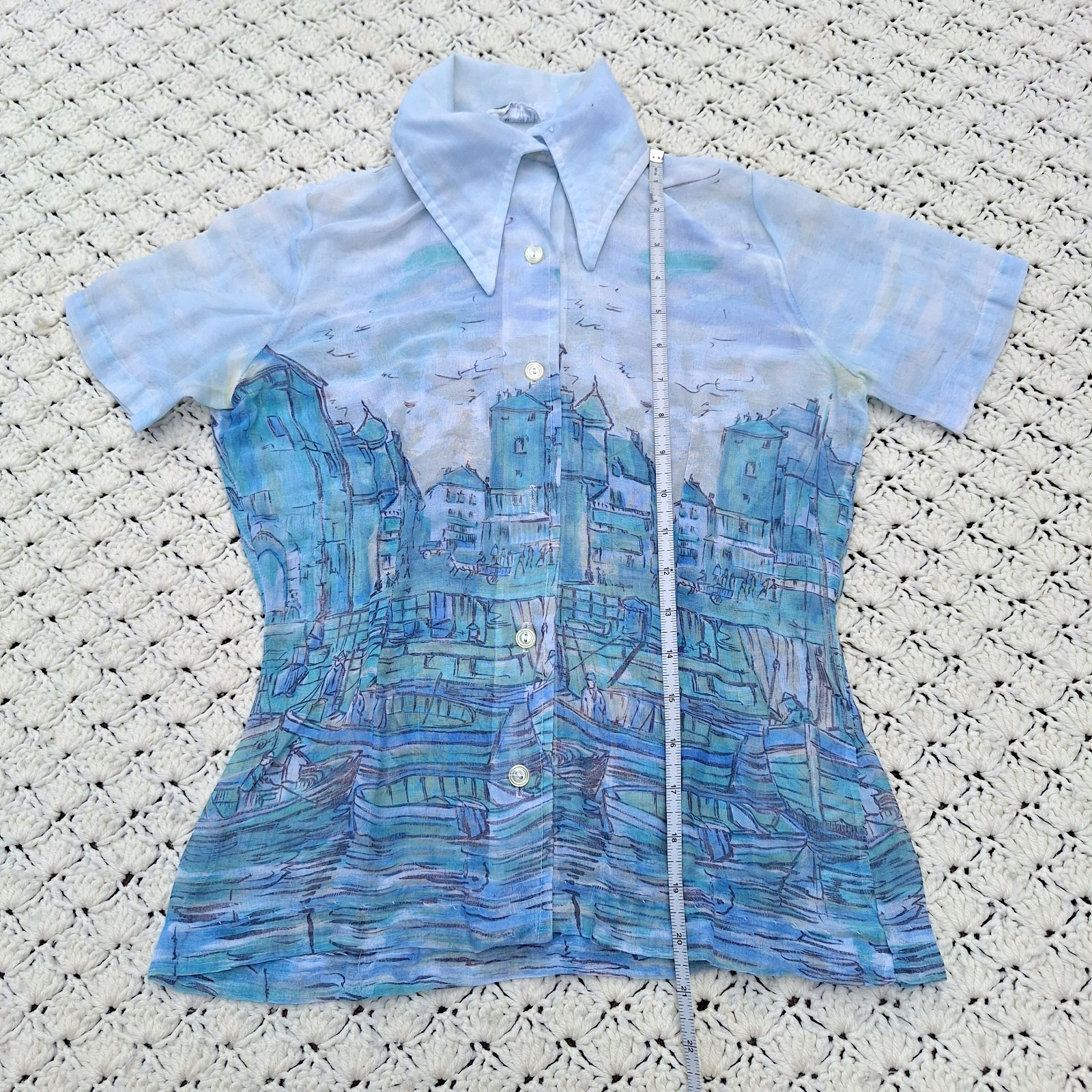 Vtg Frank Lee Disco Womens Short Sleeve Collared Graphic City Shirt – Small