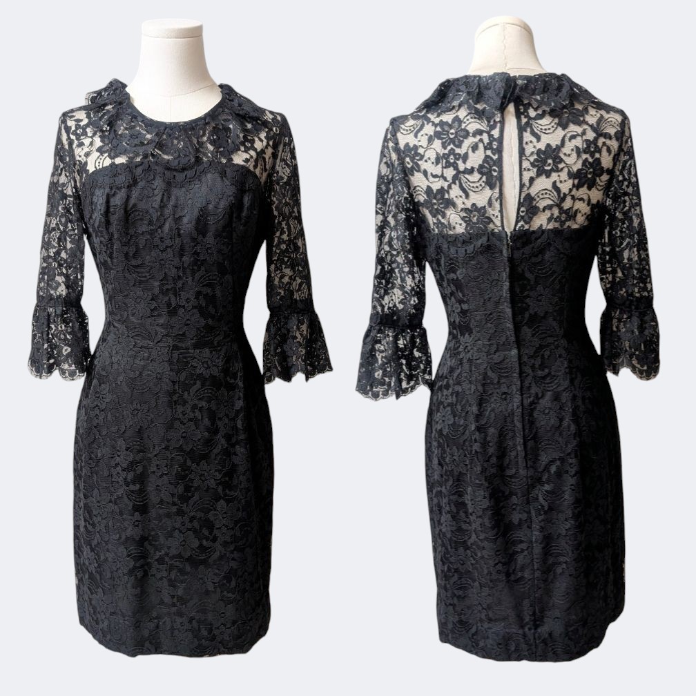 Joseph Magnin Vintage 60&rsquo;s Black Lace Cocktail Illusion Dress Bell Cuffs LBD S