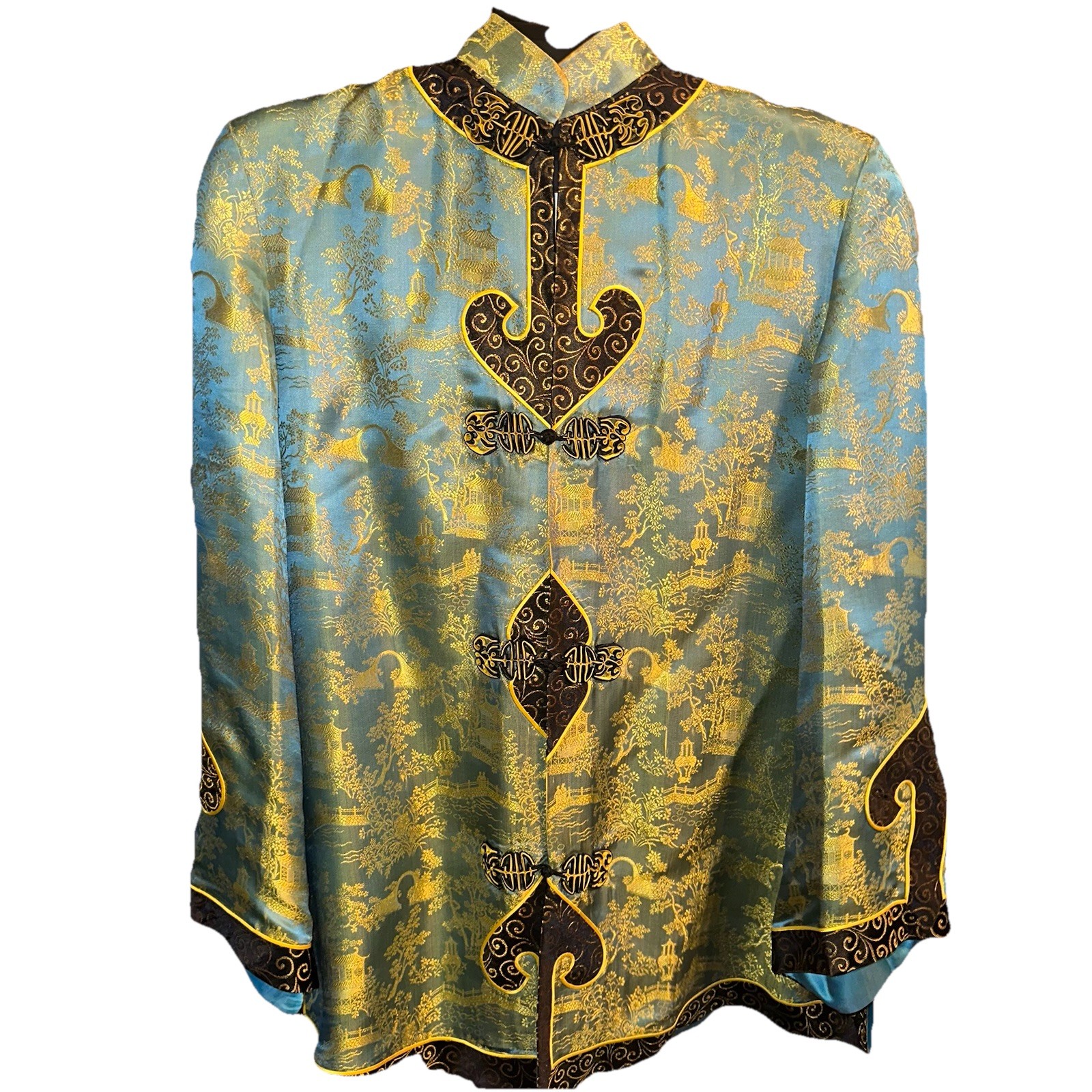 VTG 50s 60s Dynasty Small Silk Brocade Mandarin Jacket Frog Closures Blue Gold