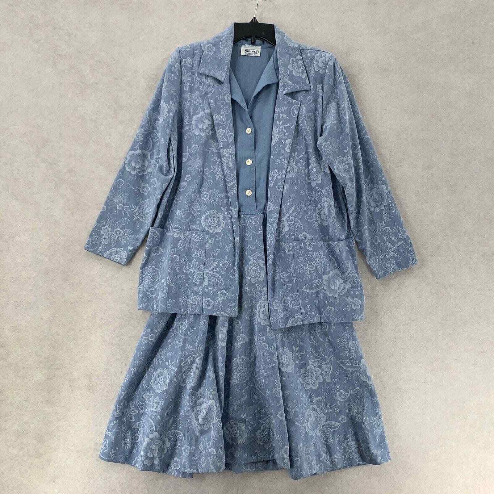 Vintage Norwin Suit Dress Blue Floral Long Line 2 Piece Modest Womens Med-Lg