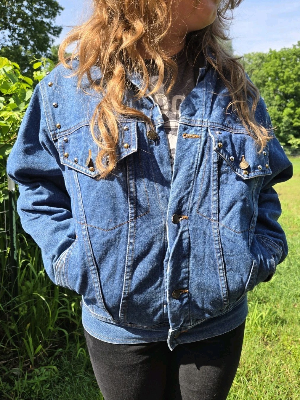 Vtg Denim Trucker Jacket Hand Painted PARTY ANIMAL Rat Studded ANZANI Sz S RARE!