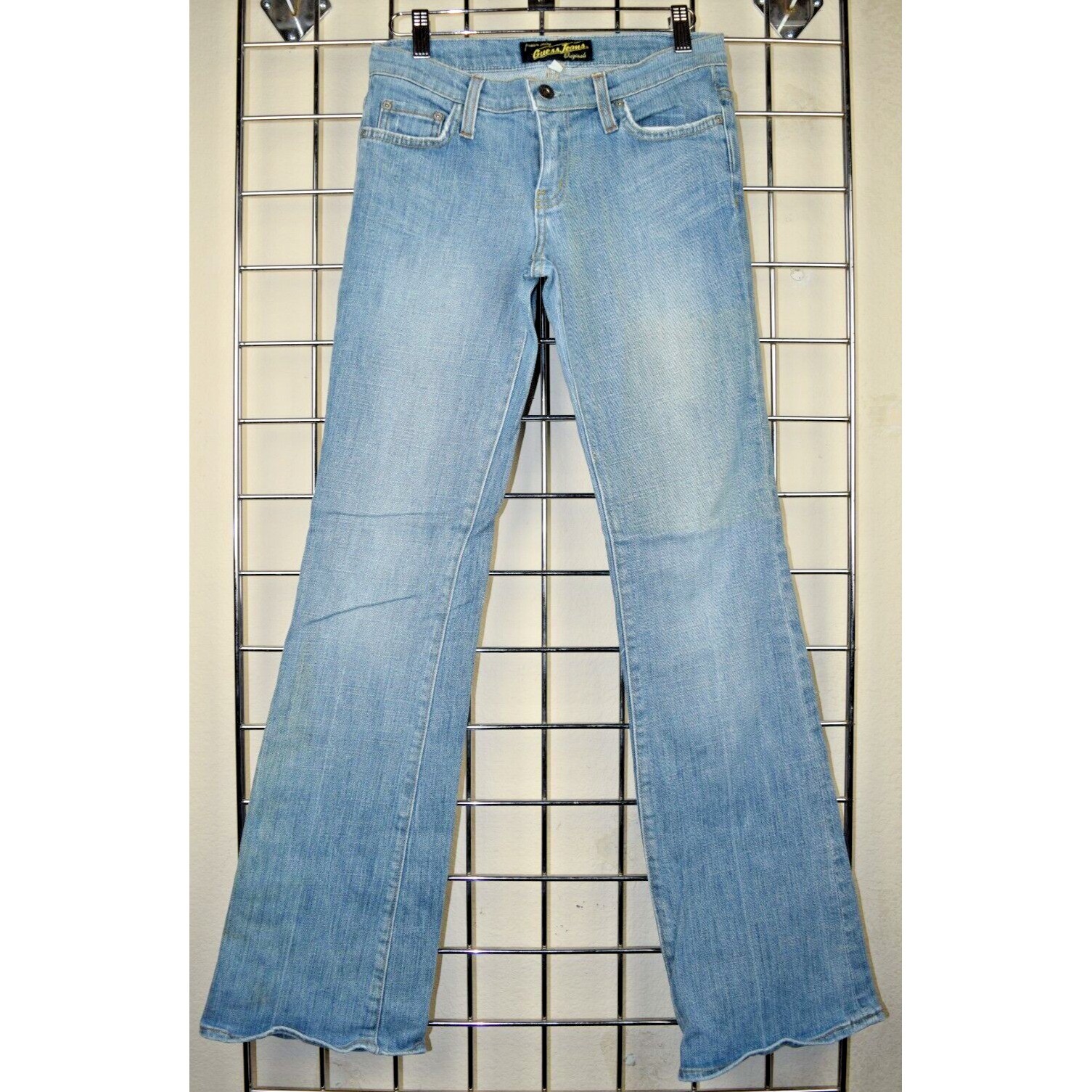 Vintage Guess Jeans Size 26 x 31.5 90s Light Blue Fade Low Rise Flare Made USA