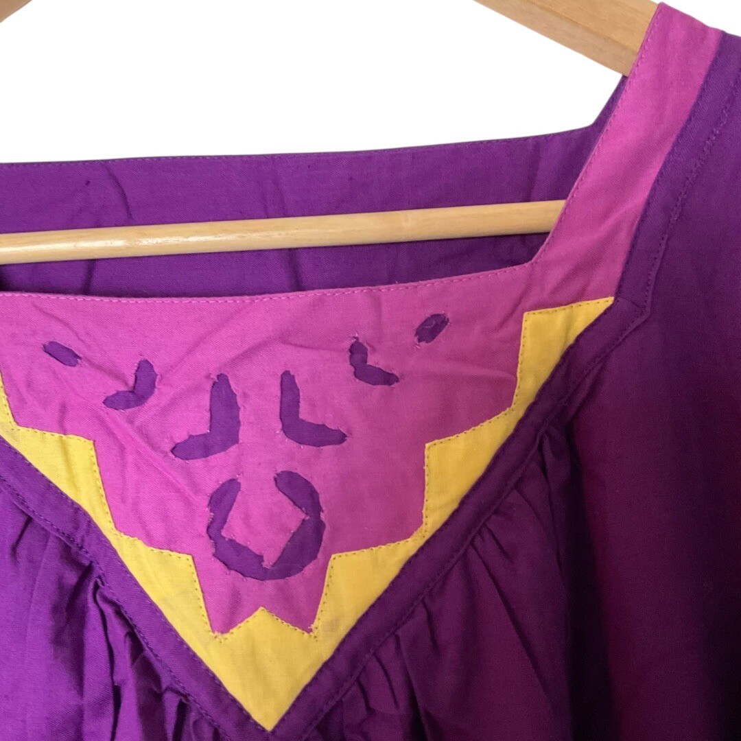 Vintage NWT 70&rsquo;s India Cotton Purple Yellow Embroidered Maxi Bohemian Dress S