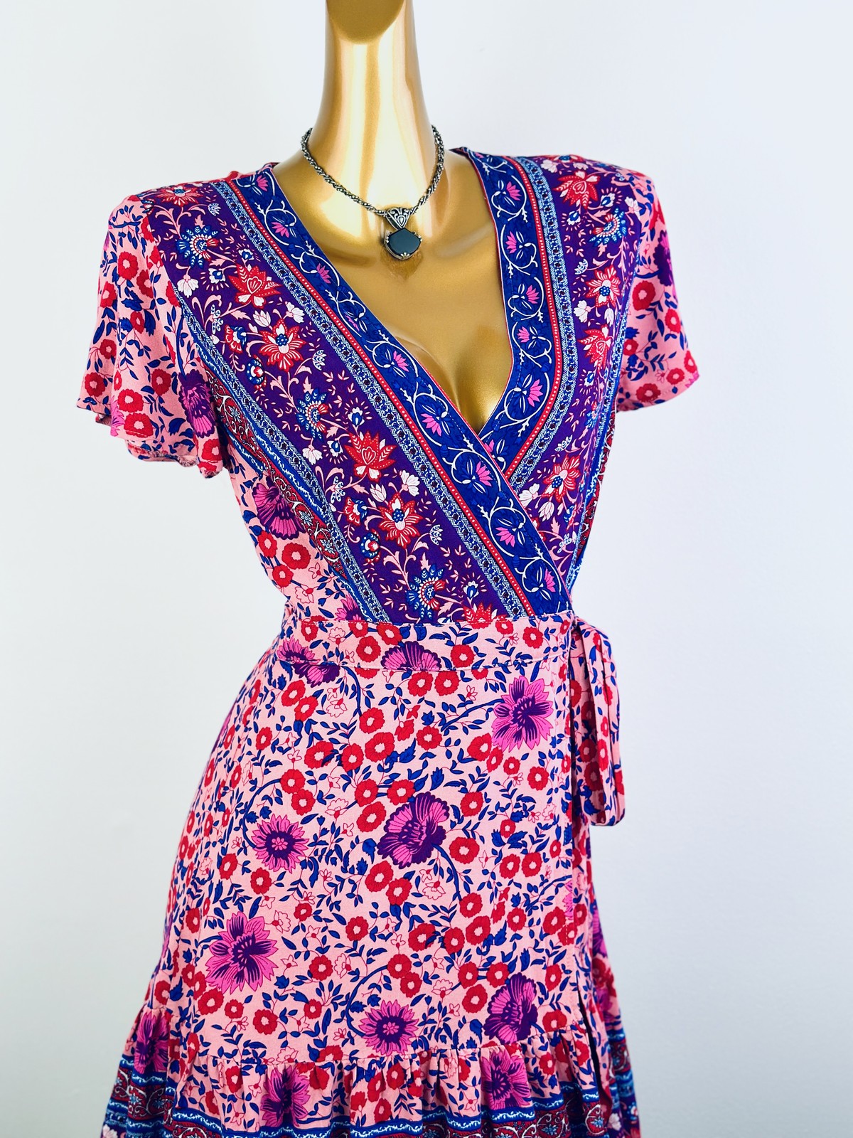 Vintage VTG 90s boho wrap dress floral print prairie mini sundress