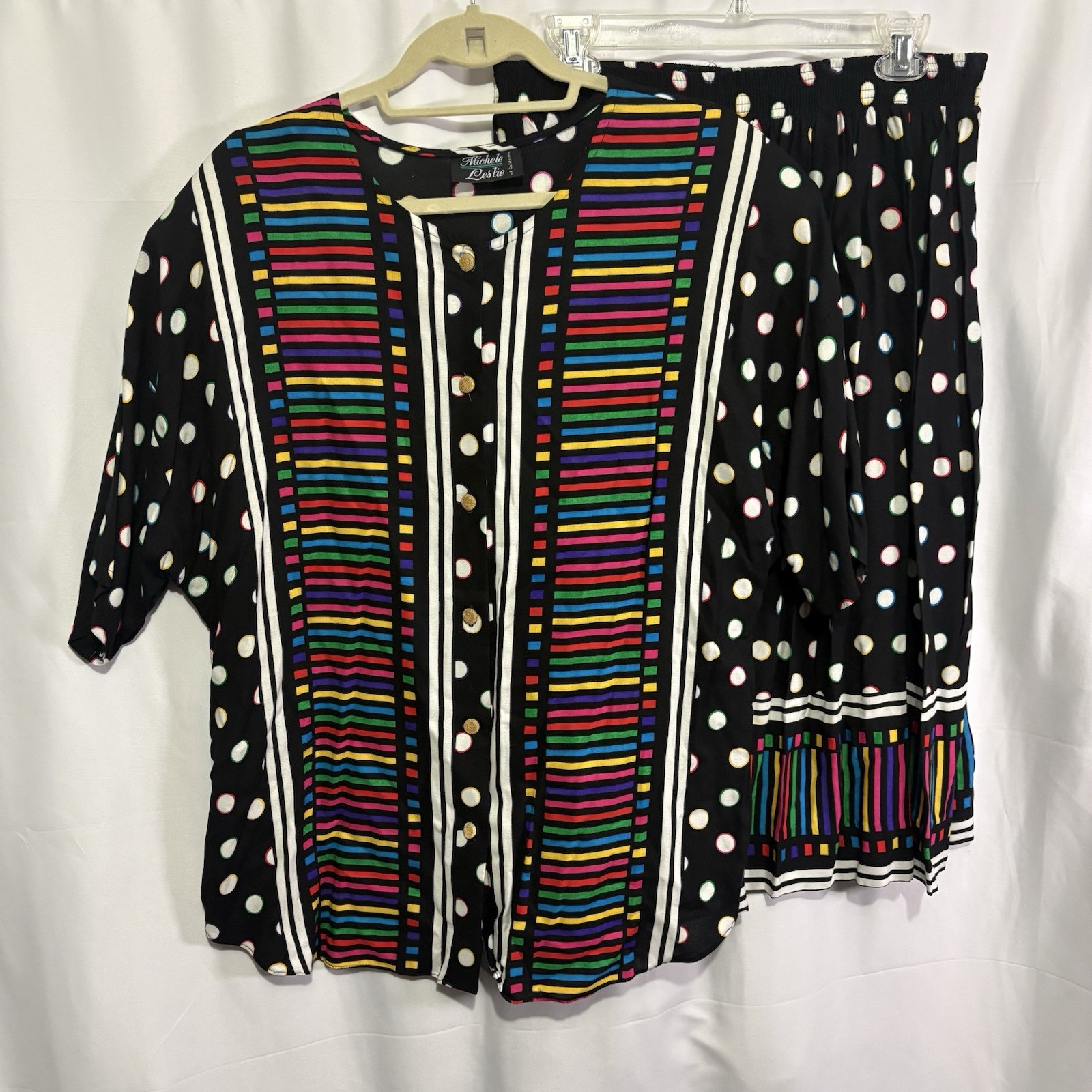 Vintage 80s 90s Michele Leslie 2 Piece Skirt Set 20W Colorful Polka Dot