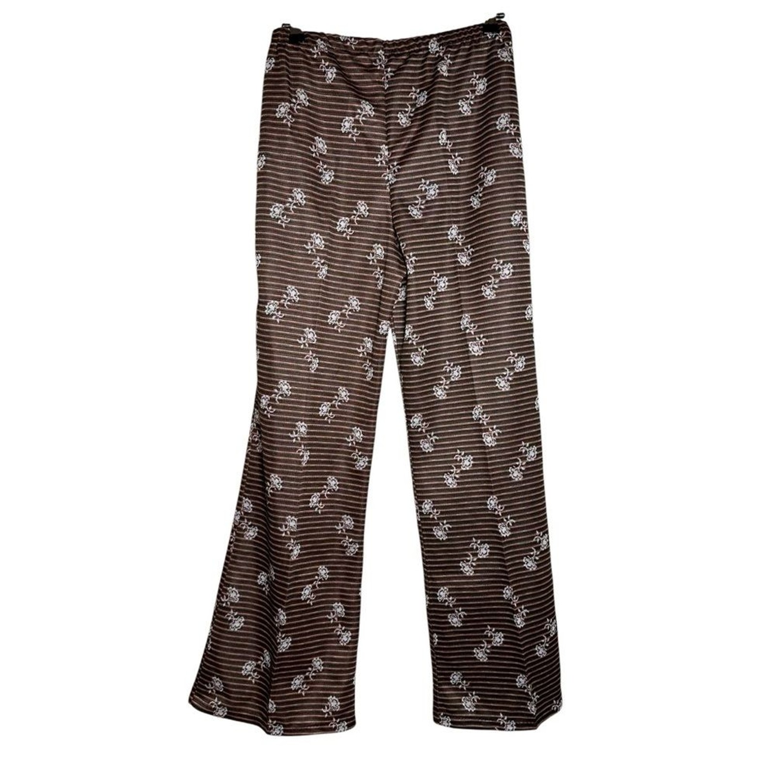 Vintage 70s Double Knit Polyester Flare Pants Floral Stripe Retro Disco Boho 16