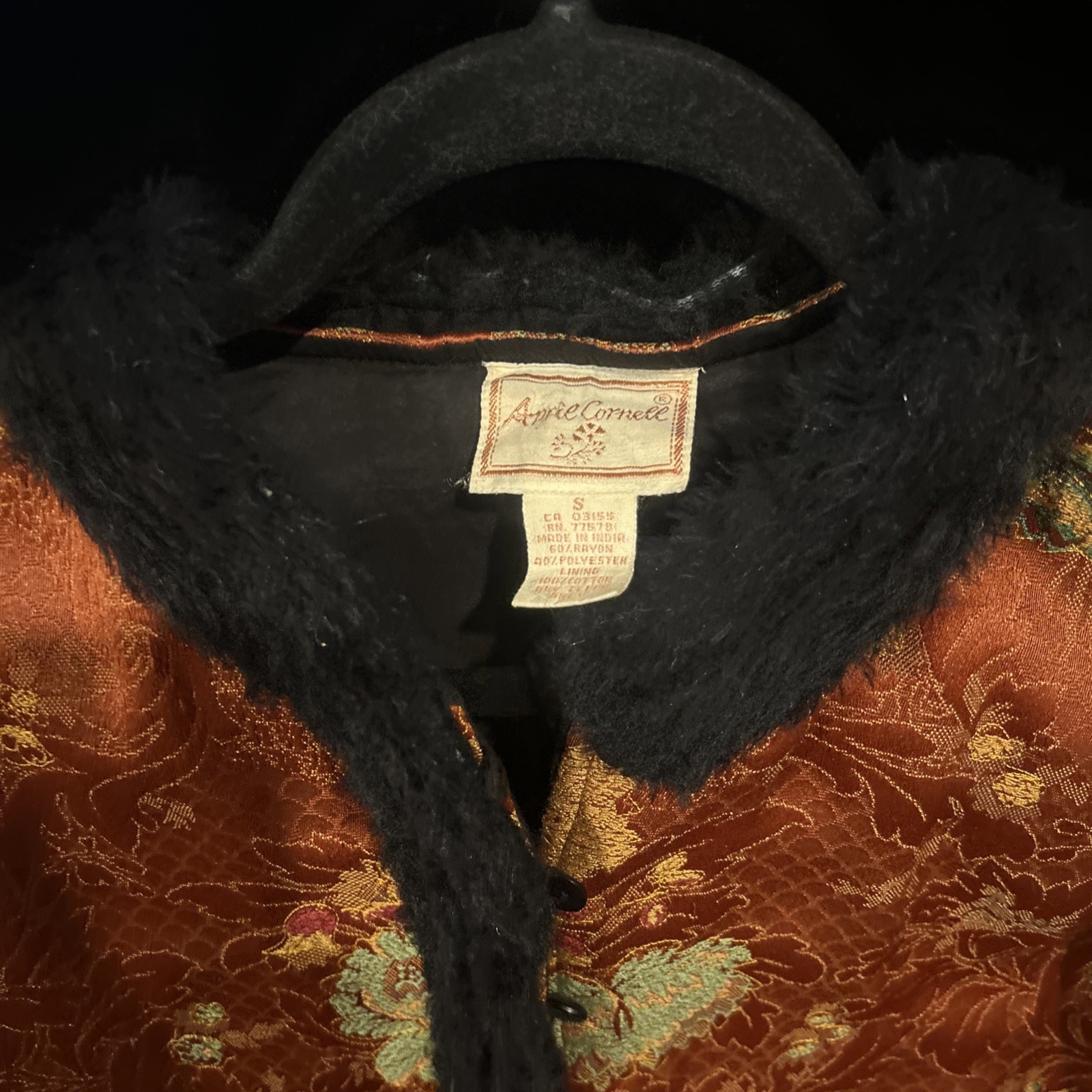 Vintage April Cornell Burnt Orange Tapestry Jacket W/ Black Faux Fur Trim S