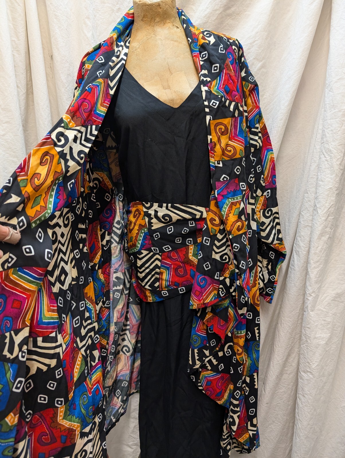 Vintage 80&rsquo;s Black Pink Red Blue Green Orange Rayon Dress & Jacket by Outback M