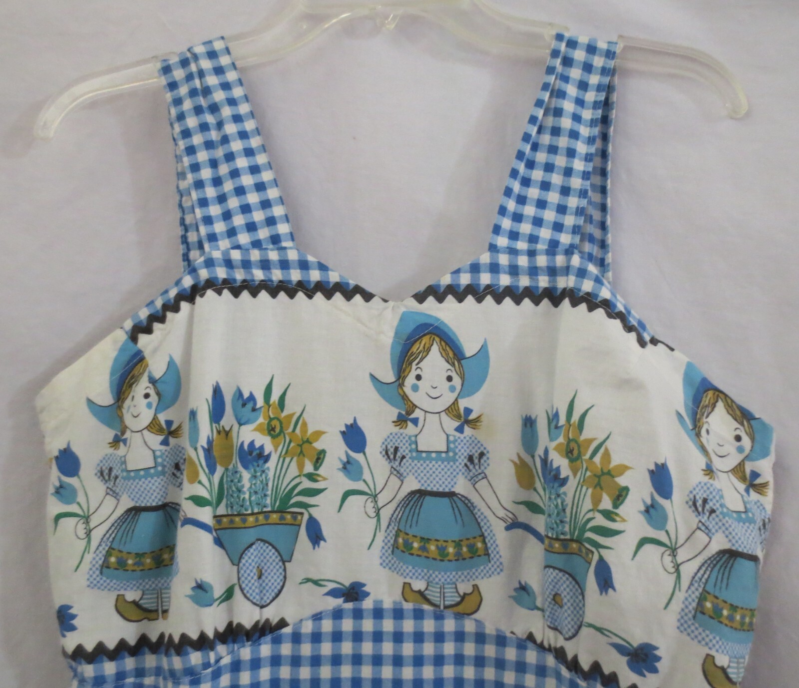 Vtg Handmade Bue & White Gingham Dutch Girl Wood shoes Dress Sz M