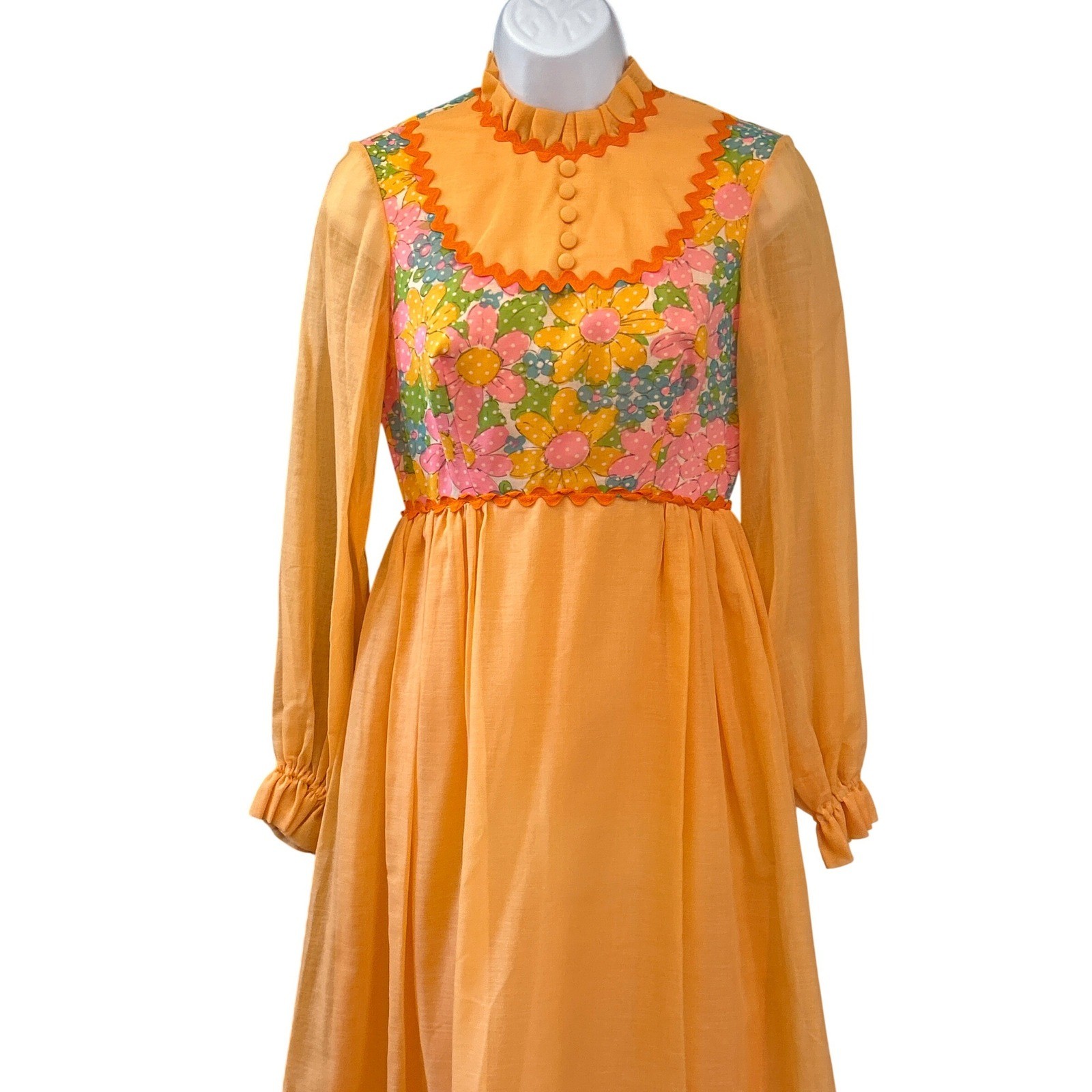 Vintage 70s Prairie Maxi Dress Orange Floral Yoke ILGWU Cottagecore Boho Groovy