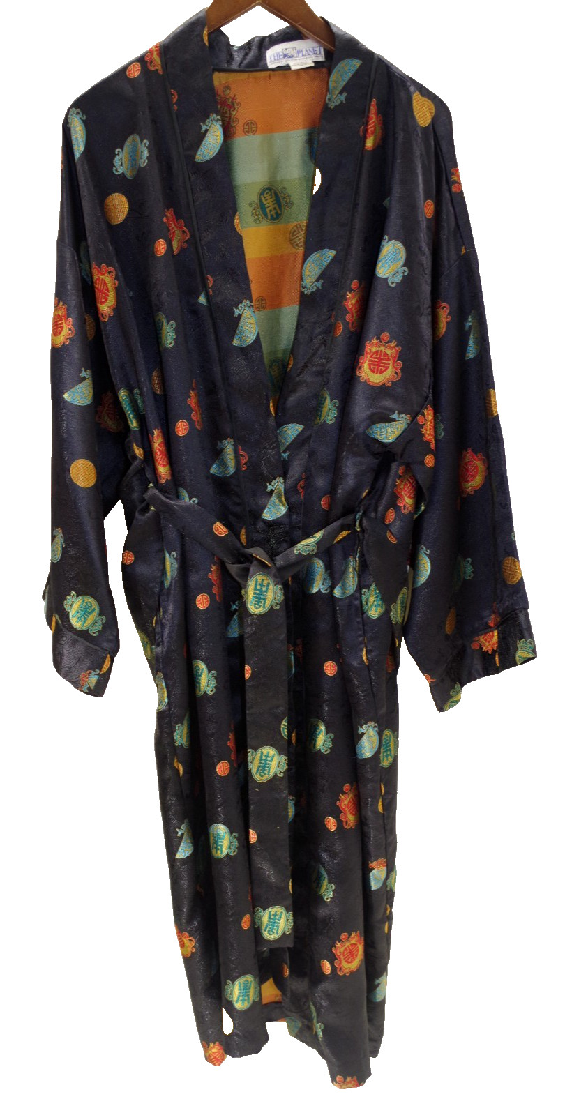 P3 Vintage THE PLANET Chinese Symbols Embossed Satin Wrap Robe Belted O/S Unisex