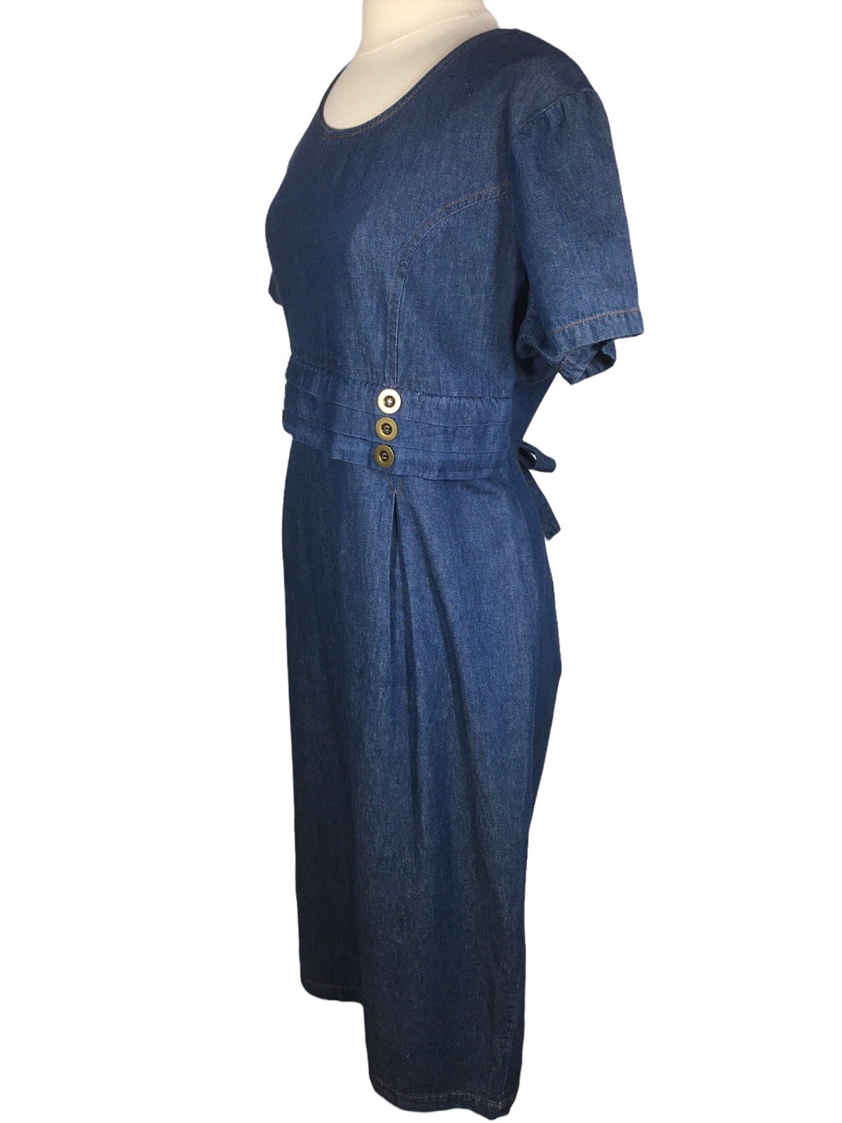 Vintage Mirrors 2 Denim Chambray Maxi Dress Size 16 Back Tie Zipper Short Sleeve